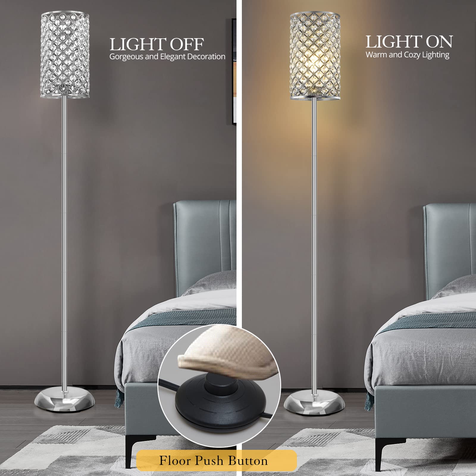 GyroVu Elegant Silver Metal Floor Lamp, 66.5" Tall with On/Off Foot Switch, Modern Accent Light for Living Room, Bedroom, Office