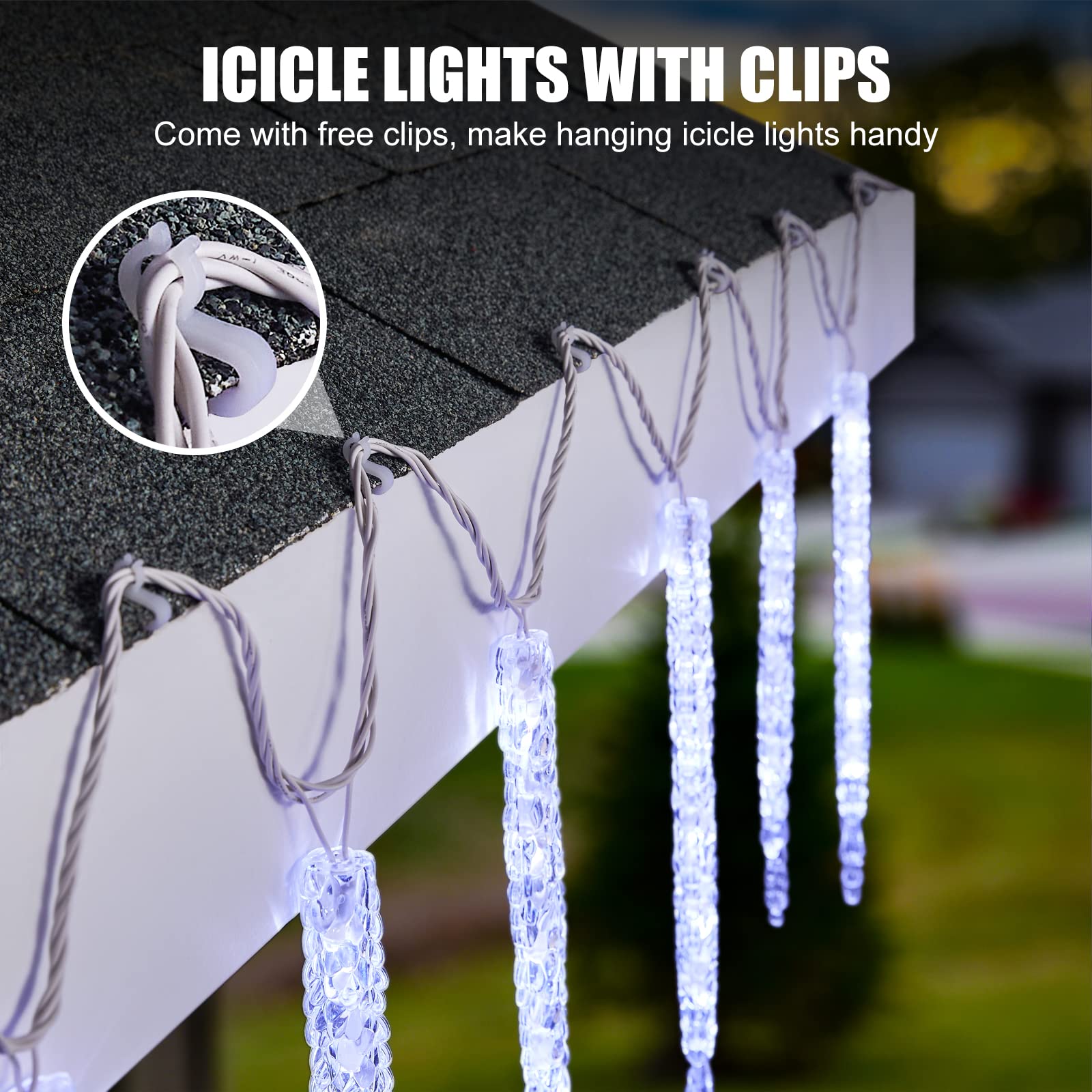 Minetom Icicle Lights Outdoor, 100 LED Twinkling Crystal String Lights, 20ft, Cool White, Model 39416A, Waterproof with Clips