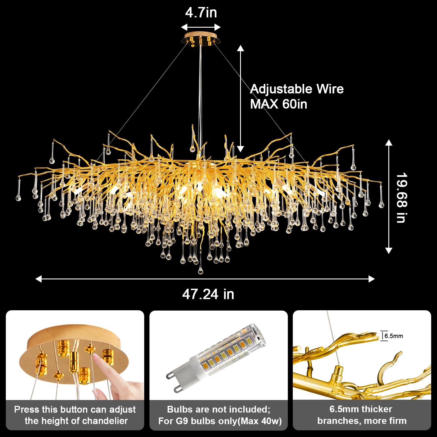 NIUZDU Modern Black Crystal Chandelier, 47.5in Raindrop Design, Oval-Long 47.2in, for Dining Room, Entryway, Living Room, Bathroom