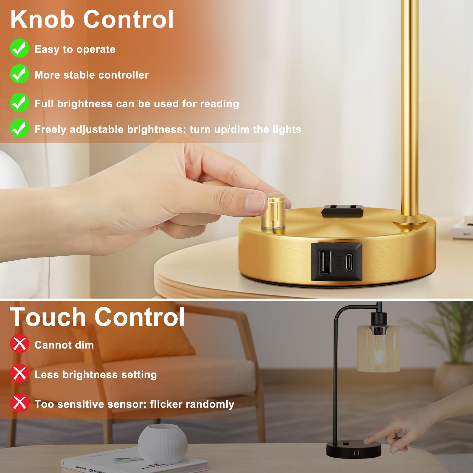 Industrial Table Lamps For Bedroom Set Of 2 - Fully Dimmable Bedside Lamps With Usb Ports And Outlet, Gold Nightstand Lamps With