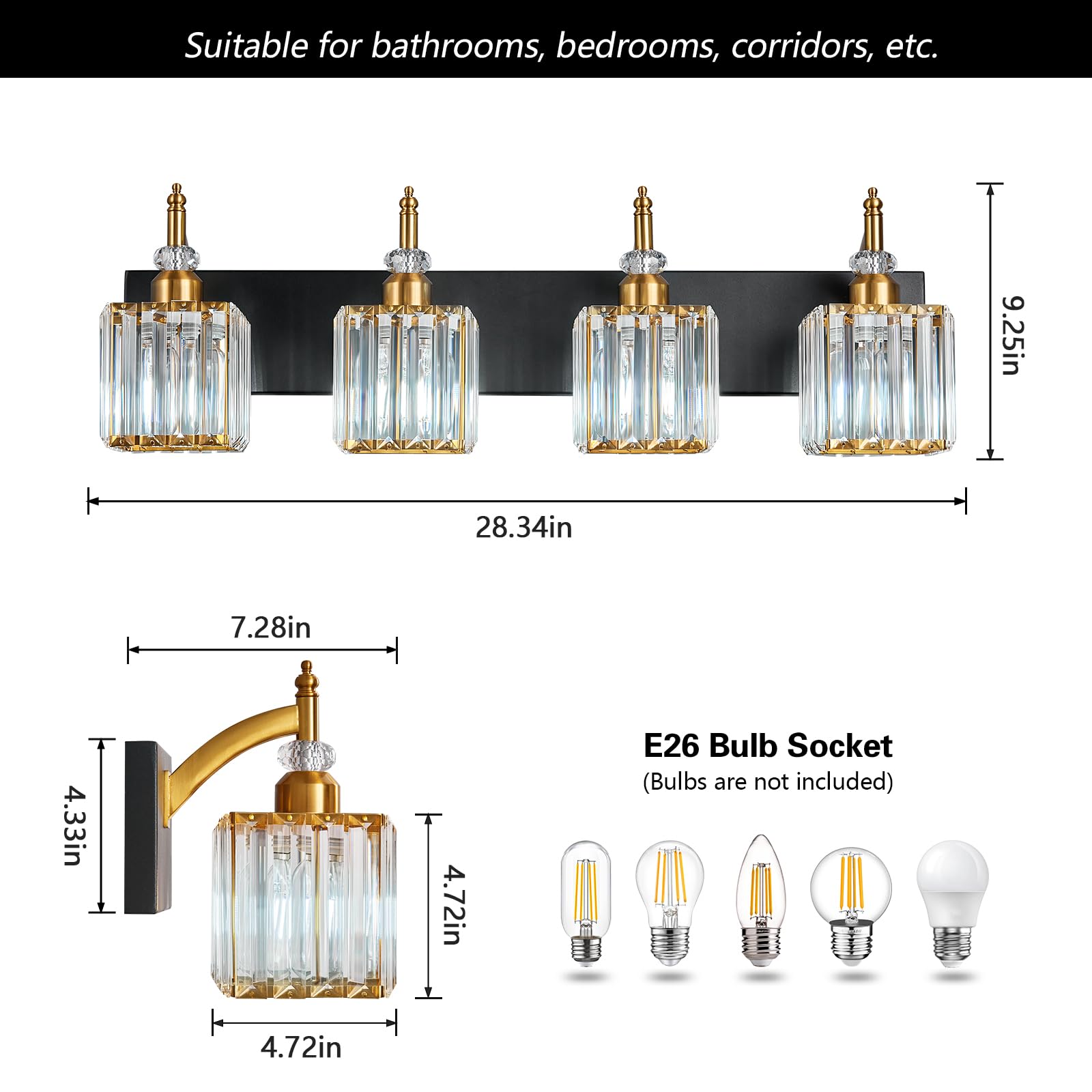 BBLLWJ Crystal Vanity Lights - 4-Light Metal Bathroom Fixture Over Mirror - Black Gold - Model 655