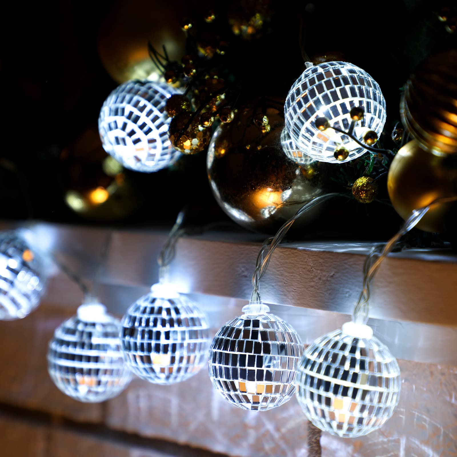 BBTO LED Disco Ball String Lights, 10 Pcs, 2 Inch, Battery Powered, Silver, Model BBTO-Decorations-2674, 70s 80s 90s