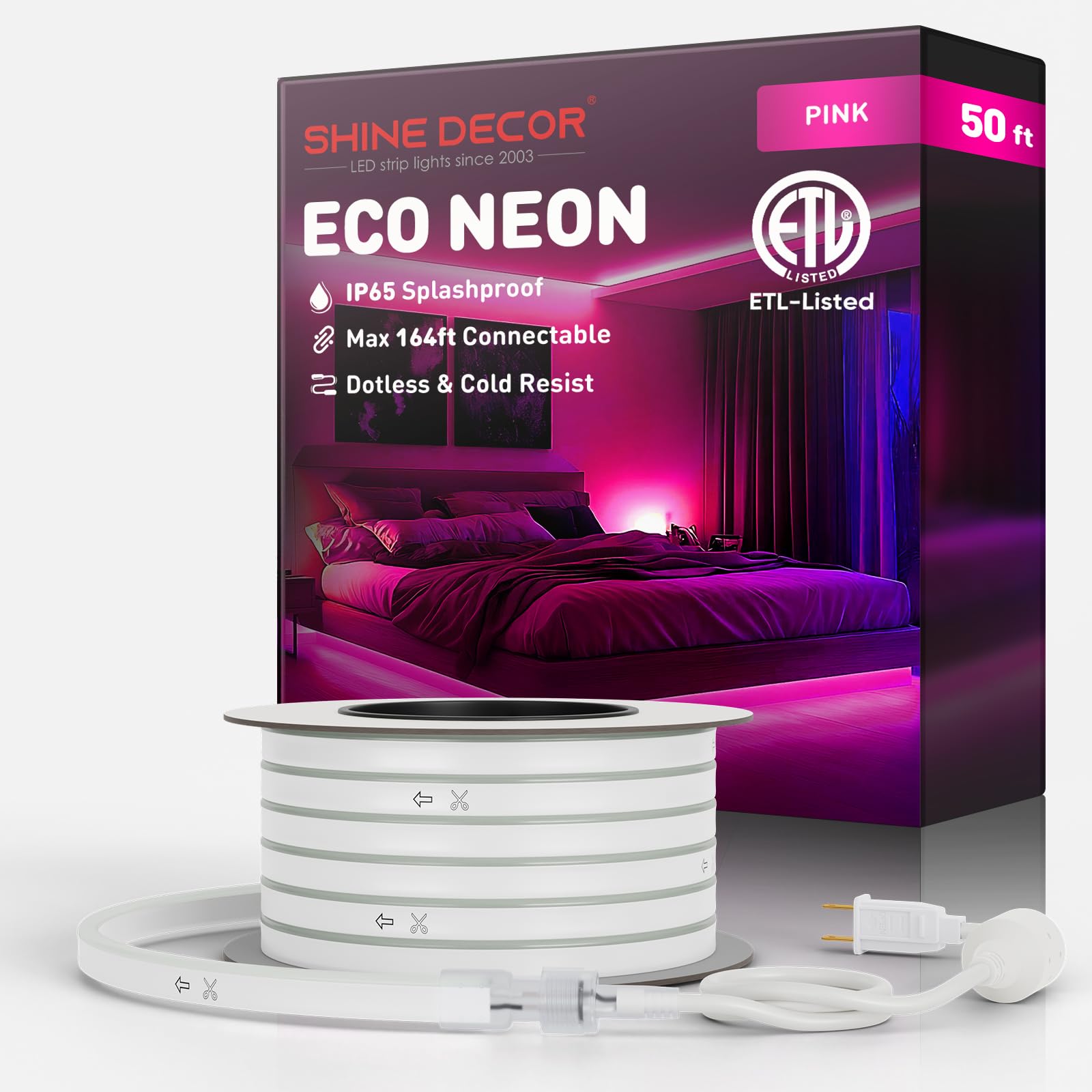 Shine Decor LED Neon Rope Lights, 50FT Pink Flexible AC 110V, Outdoor Waterproof, 120LEDs/M, PVC Material