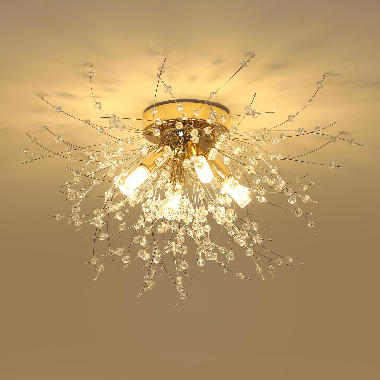 HMVPL Gold Crystal Flush Mount Ceiling Light, 4-Light Brass Mini Chandelier, K9 Crystal, Model 230401B1