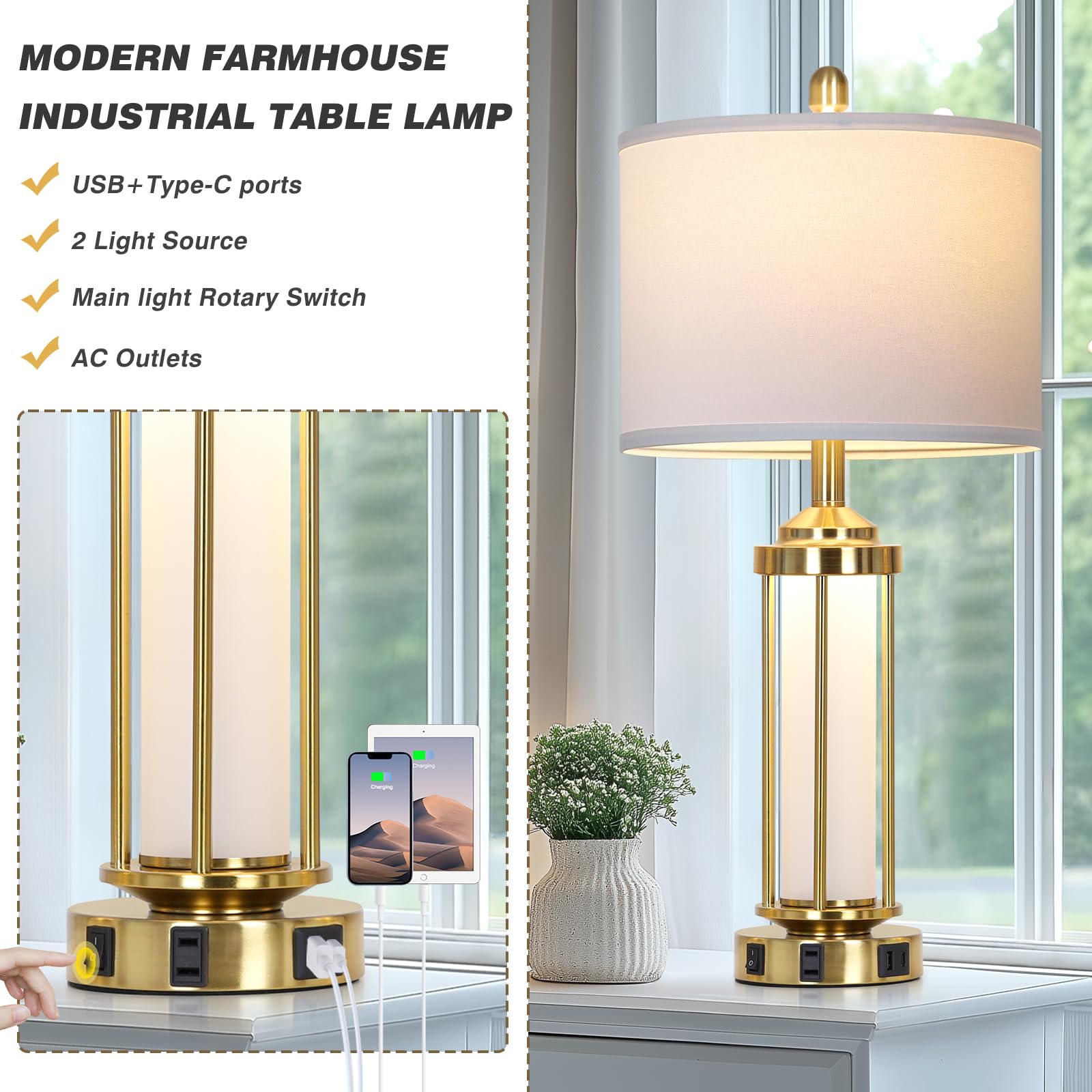 Rinweey Modern Table Lamps, Gold 27'' Industrial Table Lamp Set Of 2 With Usb A+C Charging Ports & Ac Outlet, Farmhouse Rustic B