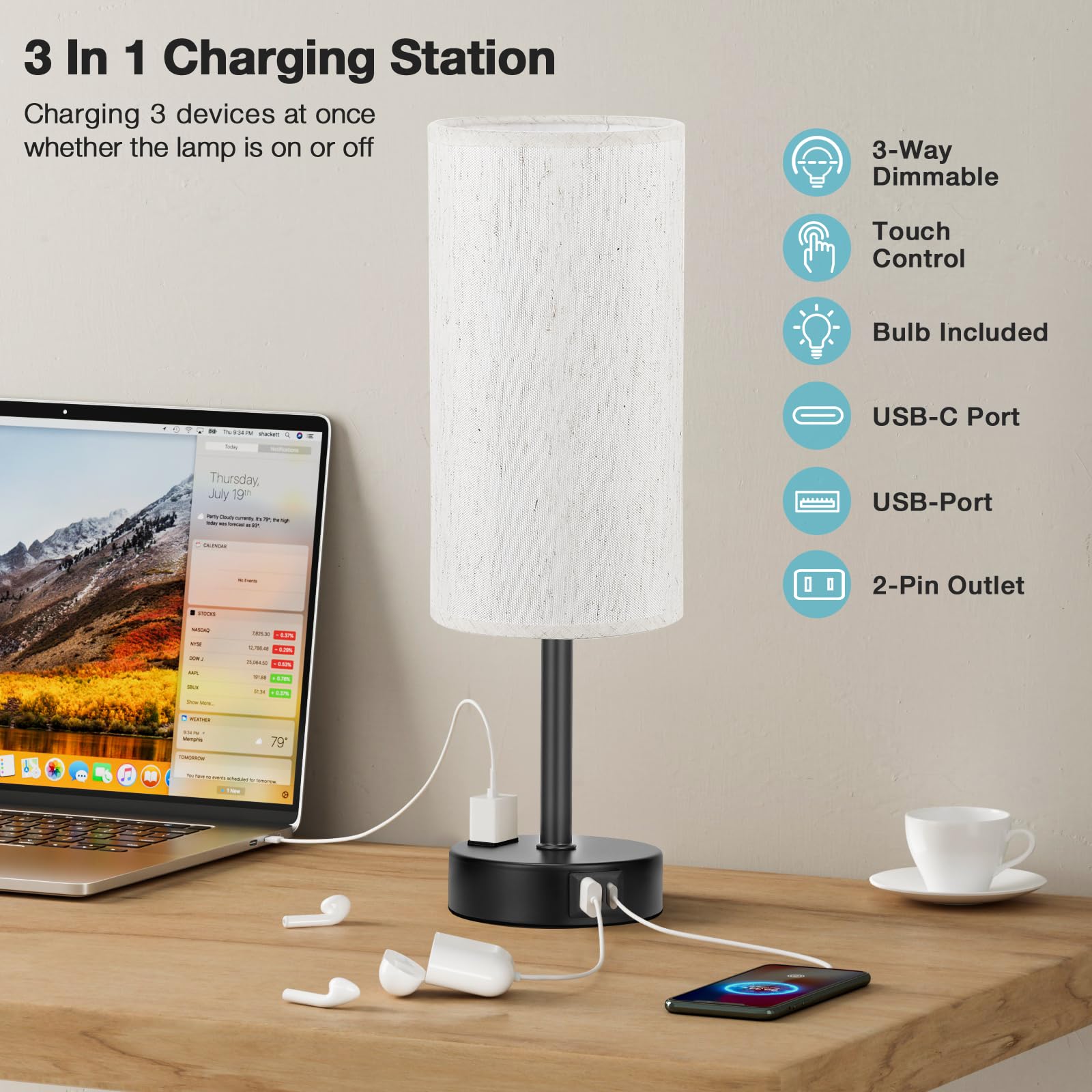 Light Beige Table Lamp For Nightstand - 3 Way Dimmable Bedside Lamp For Bedroom With Usb C A Charging Ports And Ac Outlet, Small