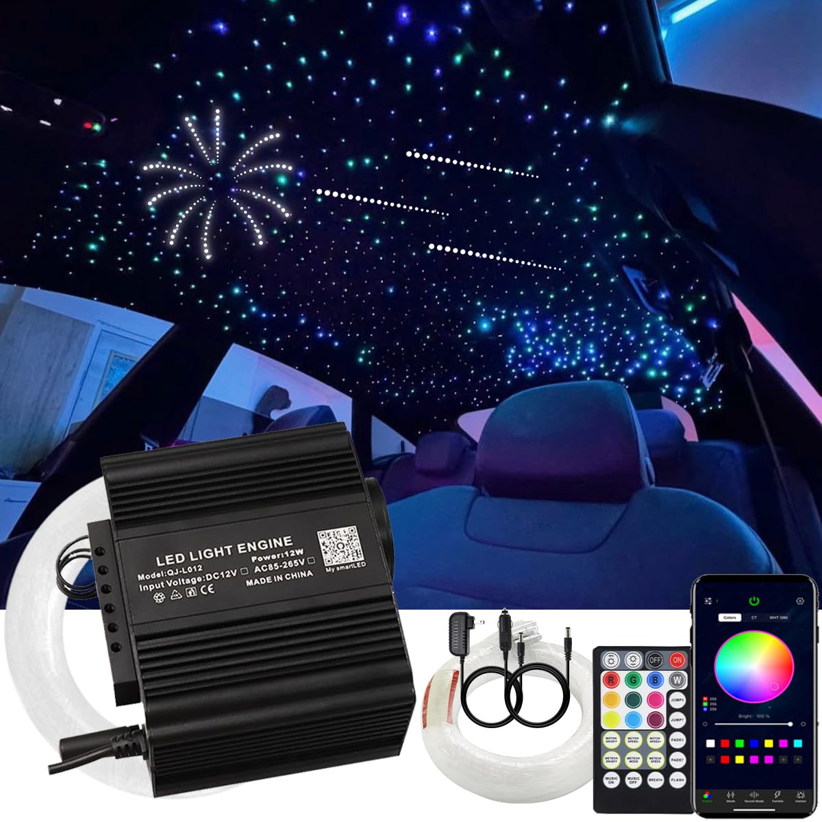 AMKI 550pcs 0.03in 9.8ft Twinkle Starlight Headliner Kit, Updated 2 in 1 Twinkle+Meteor Fiber Optic Light Box RGBW Sound Activat