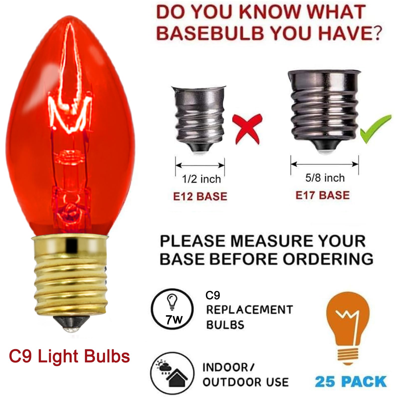 25 Pack C9 Replacement Christmas Light Bulbs,7 Watt C9 Multicolor Clear Light Bulbs For Christmas Indoor Outdoor Patio Halloween