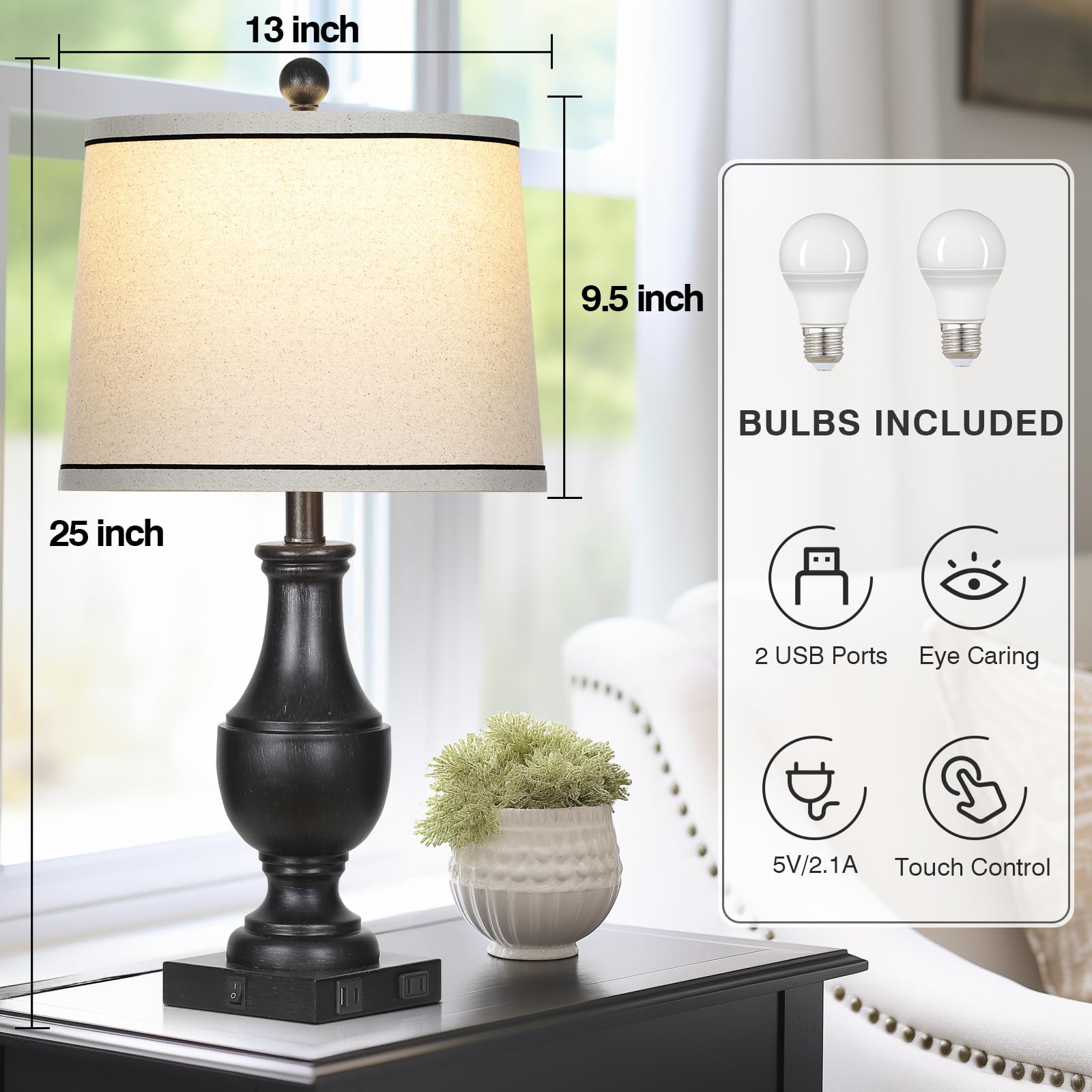 Rinweey Table Lamps For Living Room Set Of 2, Farmhouse Vintage Table Lamp With Usb A+C Charging Ports & Ac Outlet, 25'' Black R