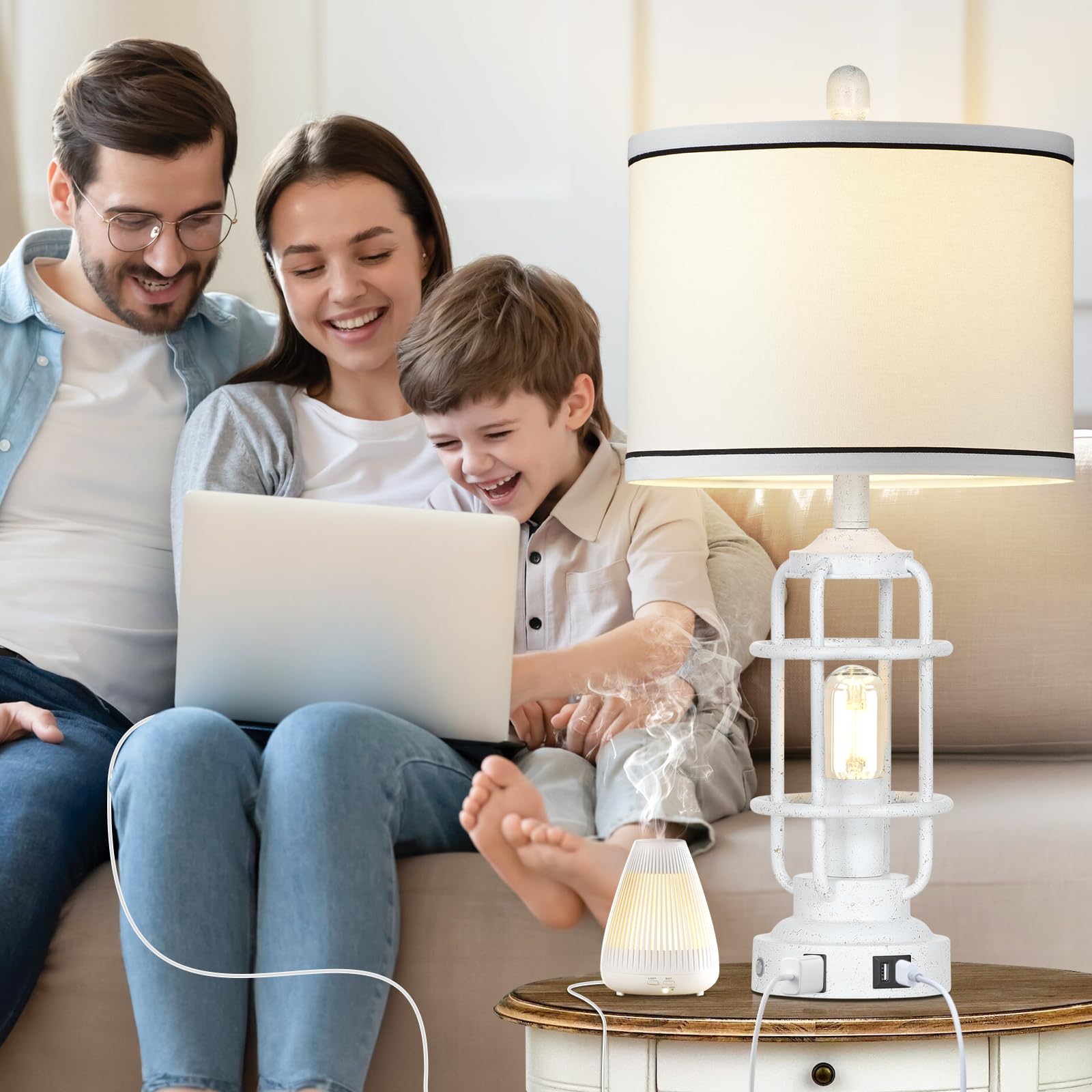 Farmhouse Lamps Set Of 2, White Vintage Rustic Industrial Lamps With Usb A+C Charging Ports & Ac Outlet, 3 Way Dimmable Touch Co