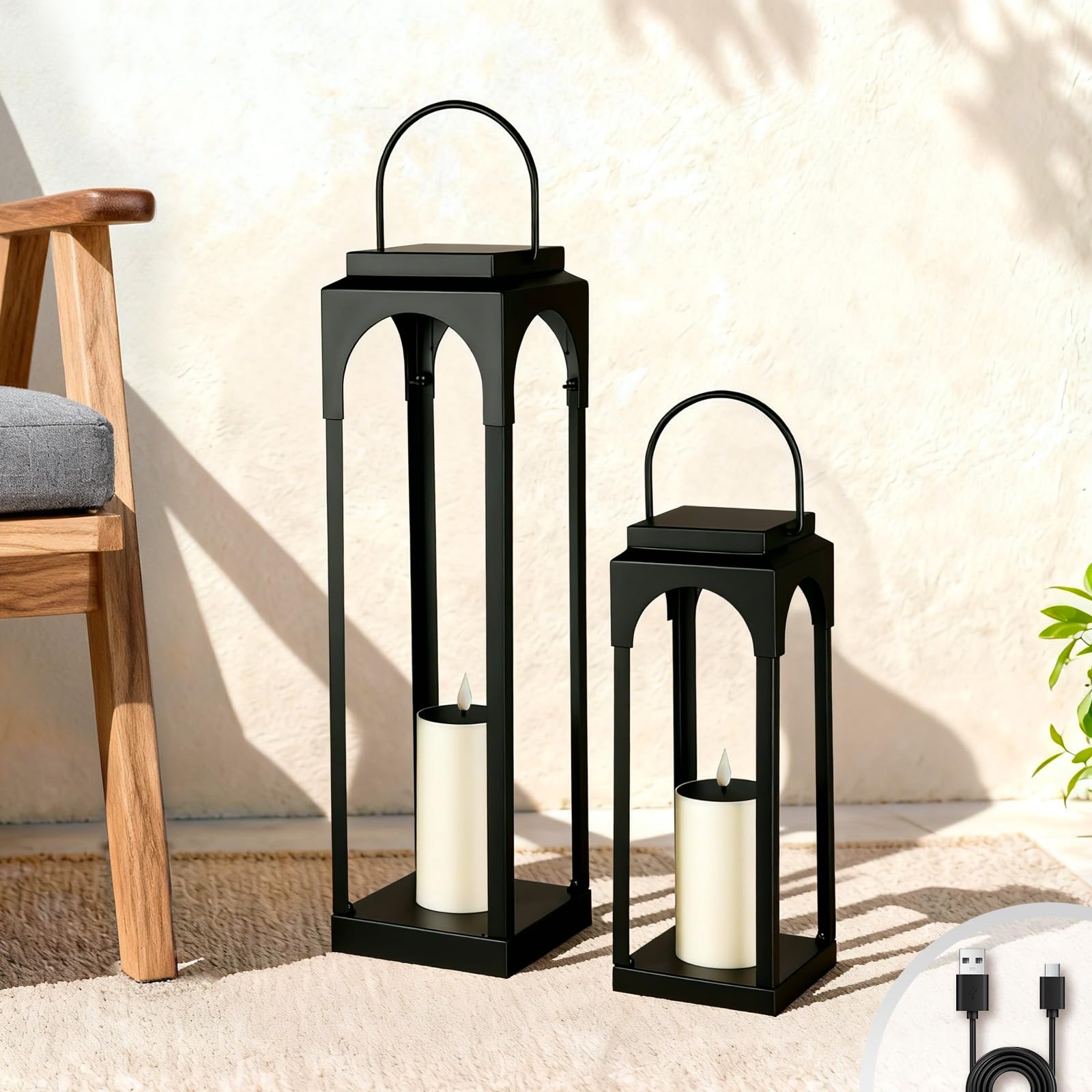 ALL FORTUNE Large Solar Outdoor Lanterns, 26 18 Tall Farmhouse Black Metal Waterproof Decorative Lanterns with Solar Candles for