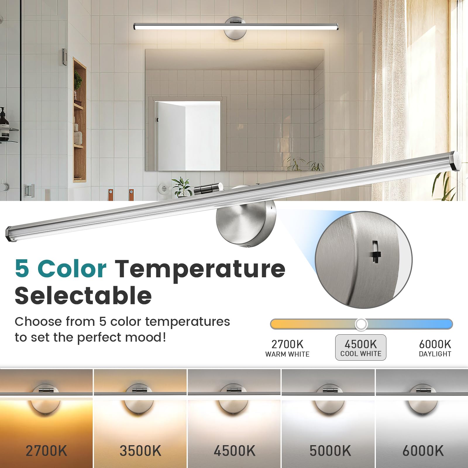 Kaisite Brushed Nickel Vanity Light 39 Inch Modern Bathroom Light Fixture Over Mirror 24W Dimmable 5Cct Led Vanity Light For Bat