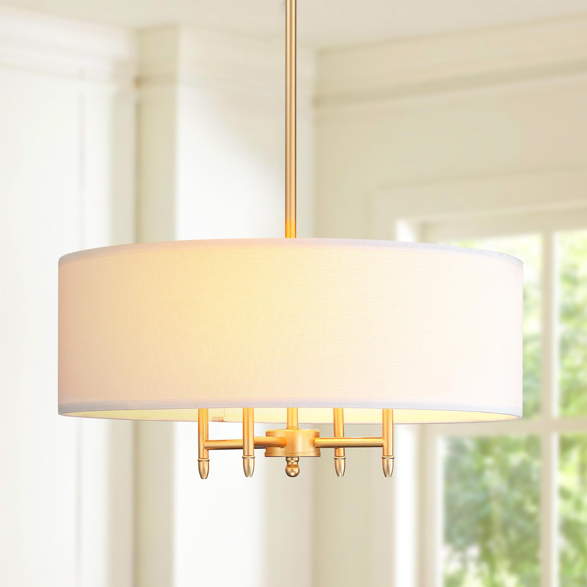 Untrammelife Drum Pendant Chandelier 4-Lights Gold Chandelier 20 Ceiling Hanging Light Fixture with White Shade, for Dining Room