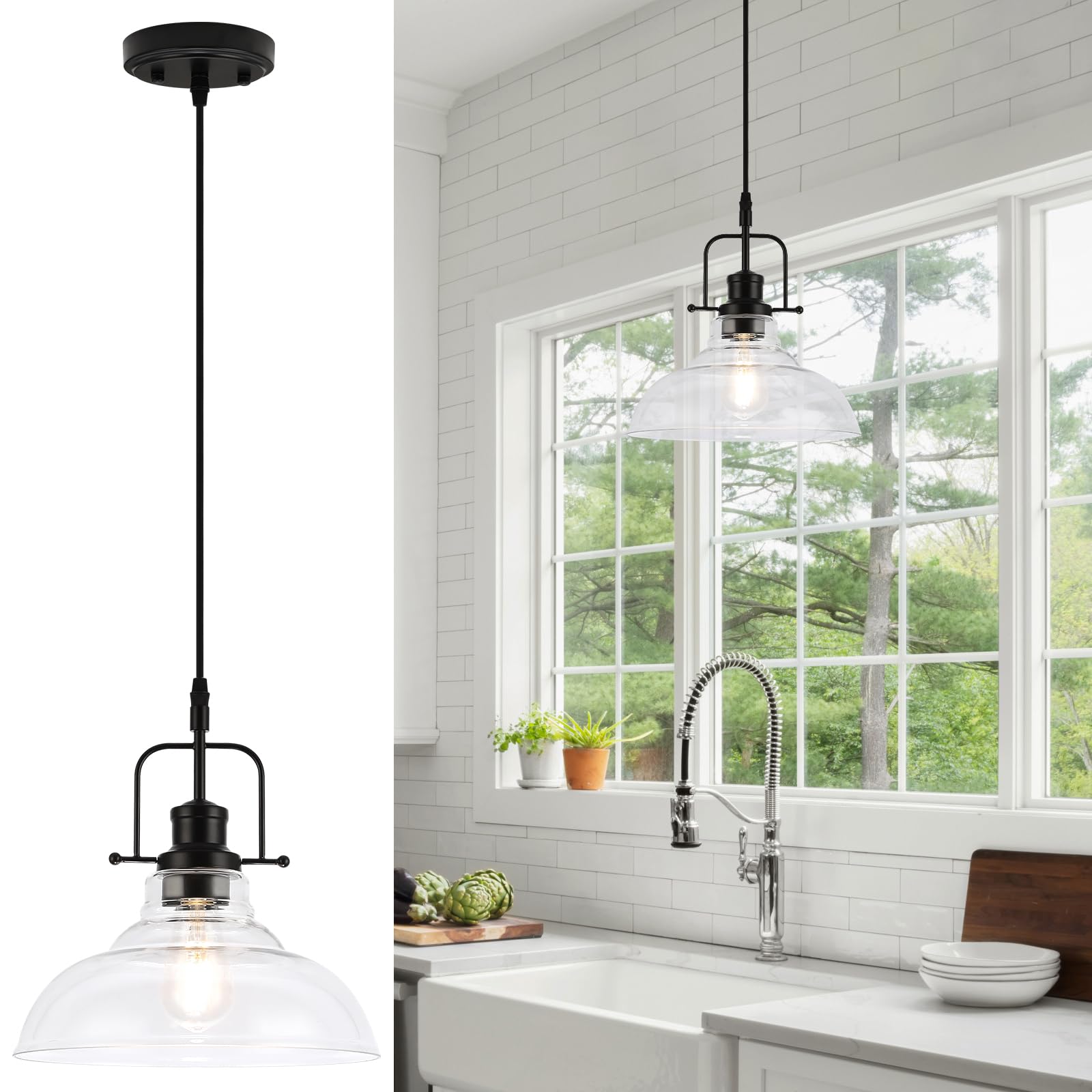 WILON Farmhouse Pendant Lights Kitchen Island Lighting, Black Pendant Light Over The Sink, Vintage Clear Glass Pendant Light, In