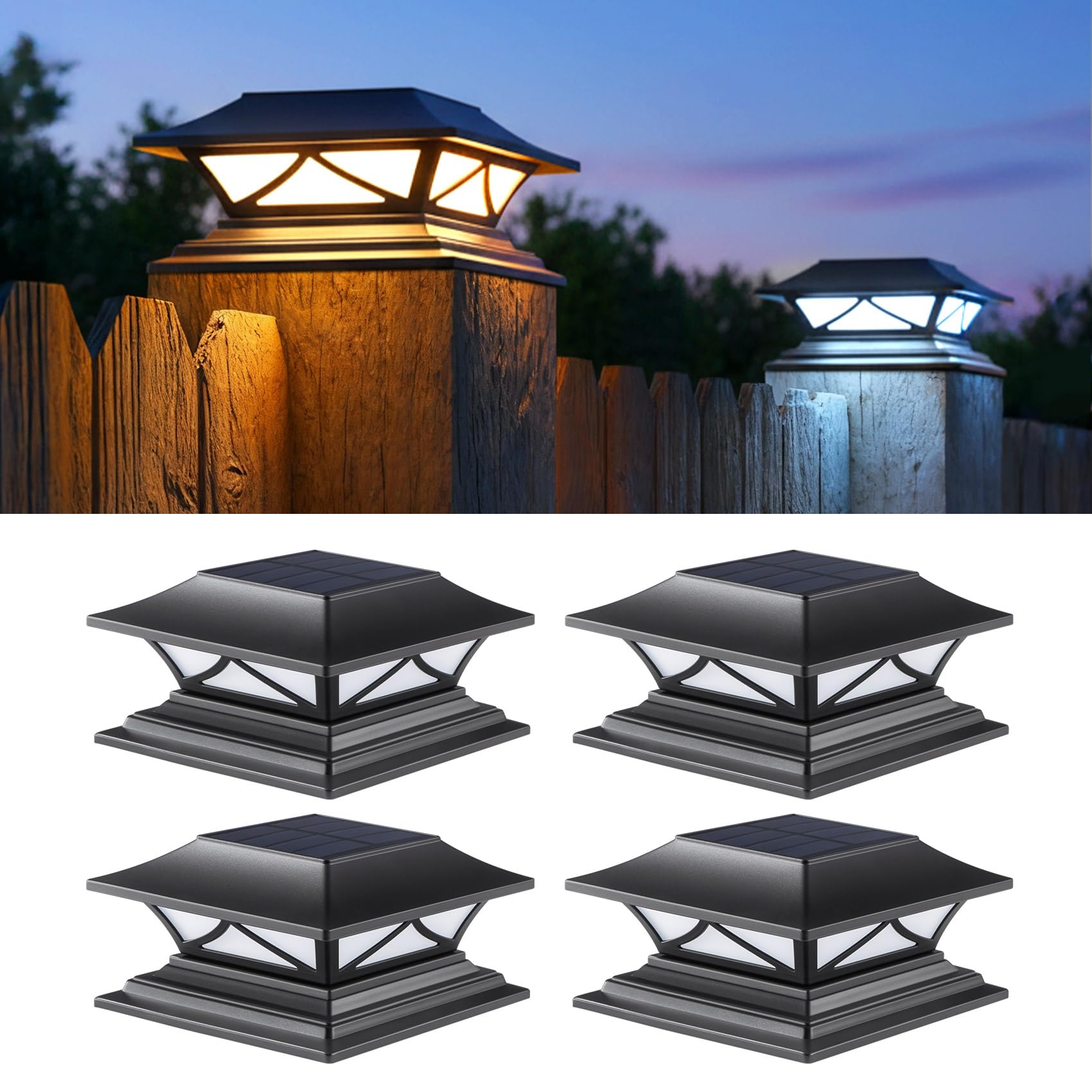 PASAMIC 4 Pack Solar Post Cap Lights, Waterproof Outdoor Lights for 4x4 5x5 6x6 Wood Posts, Fence Post Solar Lights with 2 Color