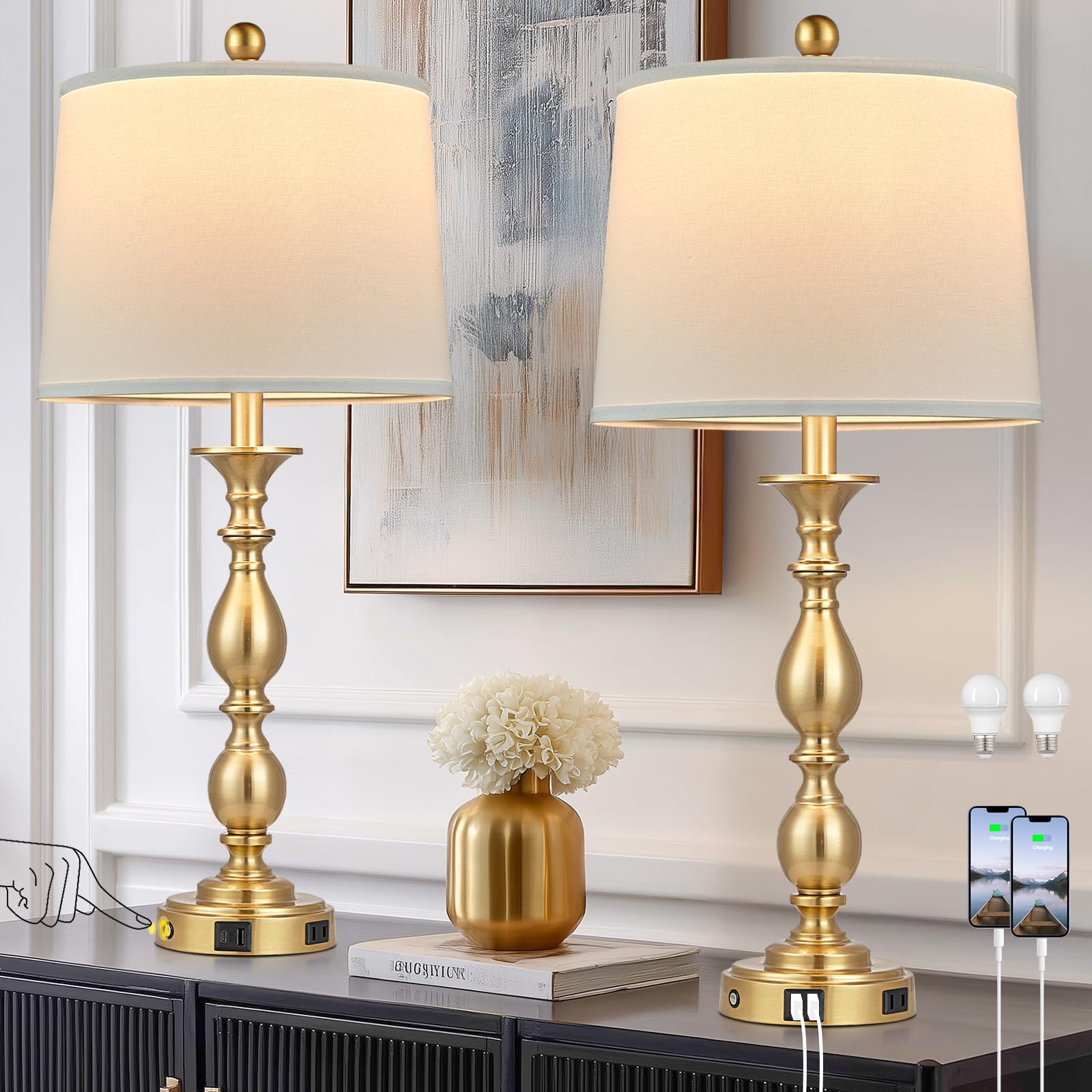 MOUVOVO 28 Tall Modern Table Lamps Set of 2 with USB A+C Ports and AC Outlet  3 Way Touch Metal Bedside Lamps for Bedroom  Gold Farmhouse Nightstand Lamps for Living Room
