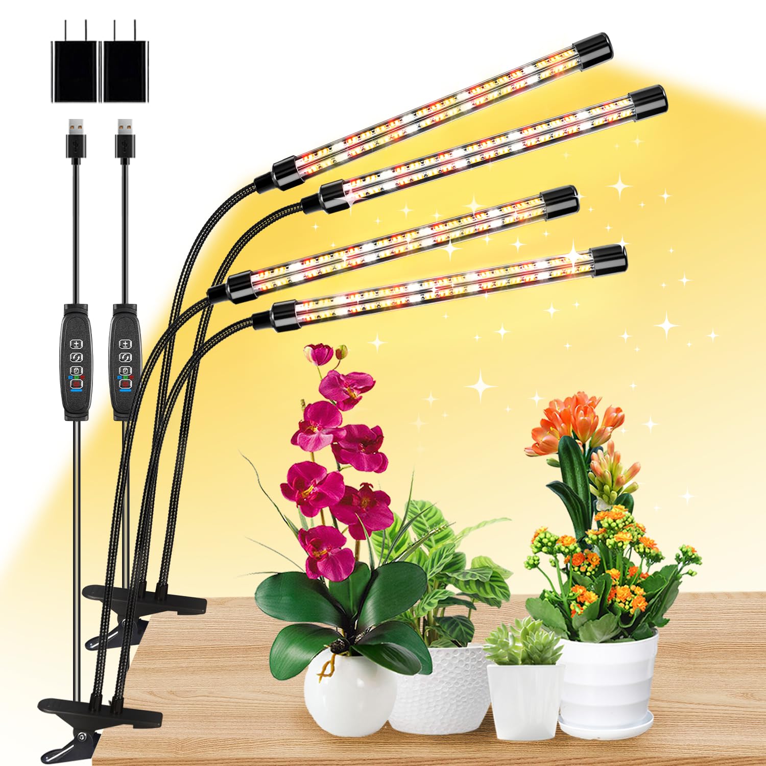 Lpmzmbl 4 Heads Clip Grow Light With V-Shaped Design, Full Spectrum Grow Lights For Indoor Plants, Adjustable 360° Gooseneck Grow Lamp, 3/9/12H Timer & 10 Dimming Levels For Plants Growing(2 Pack)
