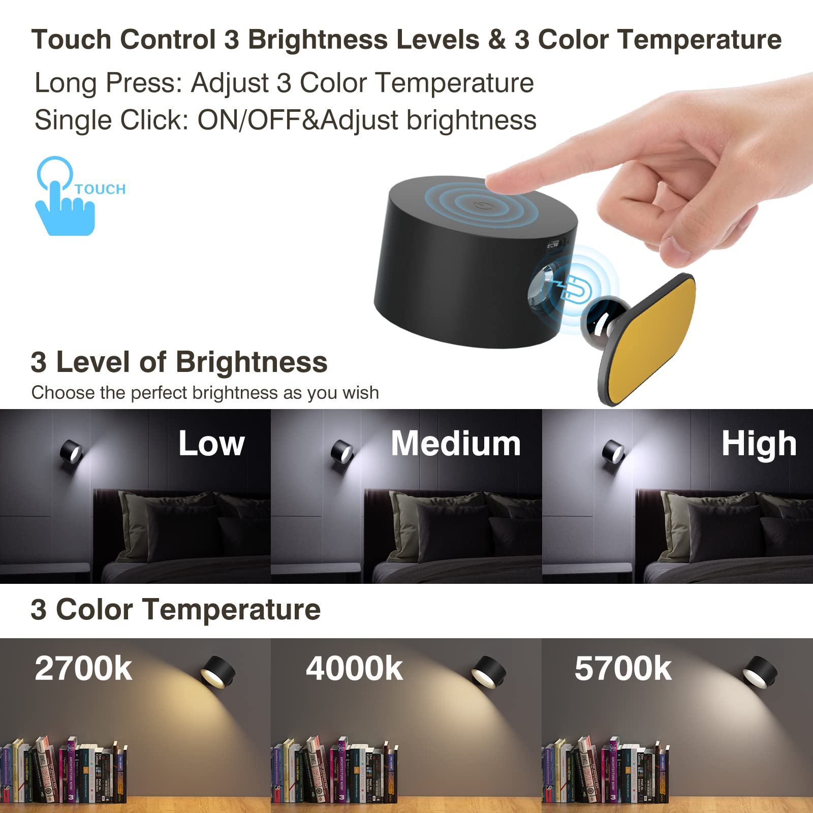 AKSDA Led Wall Sconces, Battery Operated, USB Charging, 3 Color Temperatures, 3 Brightness Levels, Black, Model Rblack2