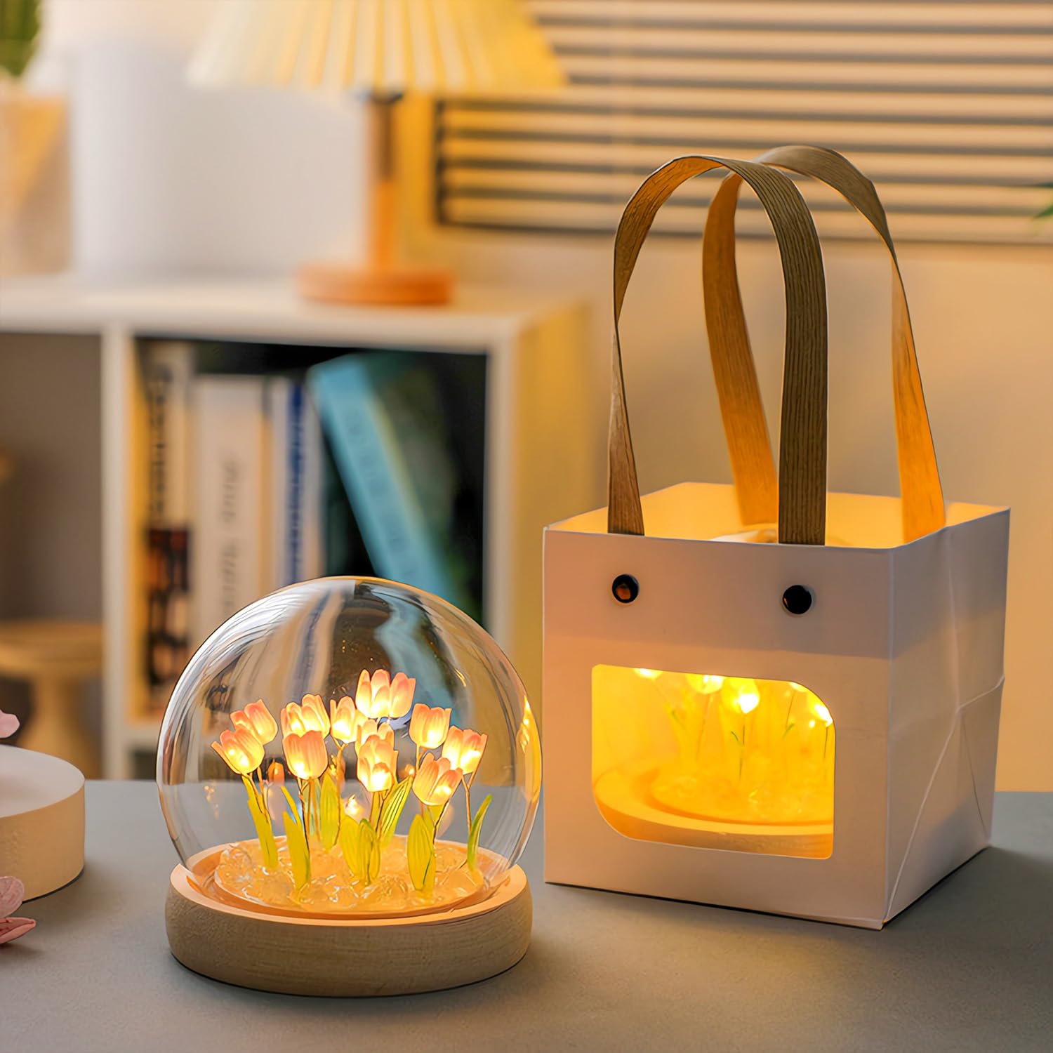 Lifnatty Tulips Lamp - Artificial Pink Tulip Night Light in Glass Dome, Unique Gifts for Women, Mom, Sister, Friends, Cute Home Decor
