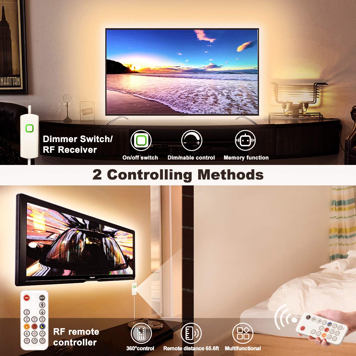 My Beauty Light Led Strip Lights Warm White,50.5Ft Dimmable Led Light Strip With Rf Remote,924 Bright 3000K 2835 Leds,Plug-In Ad