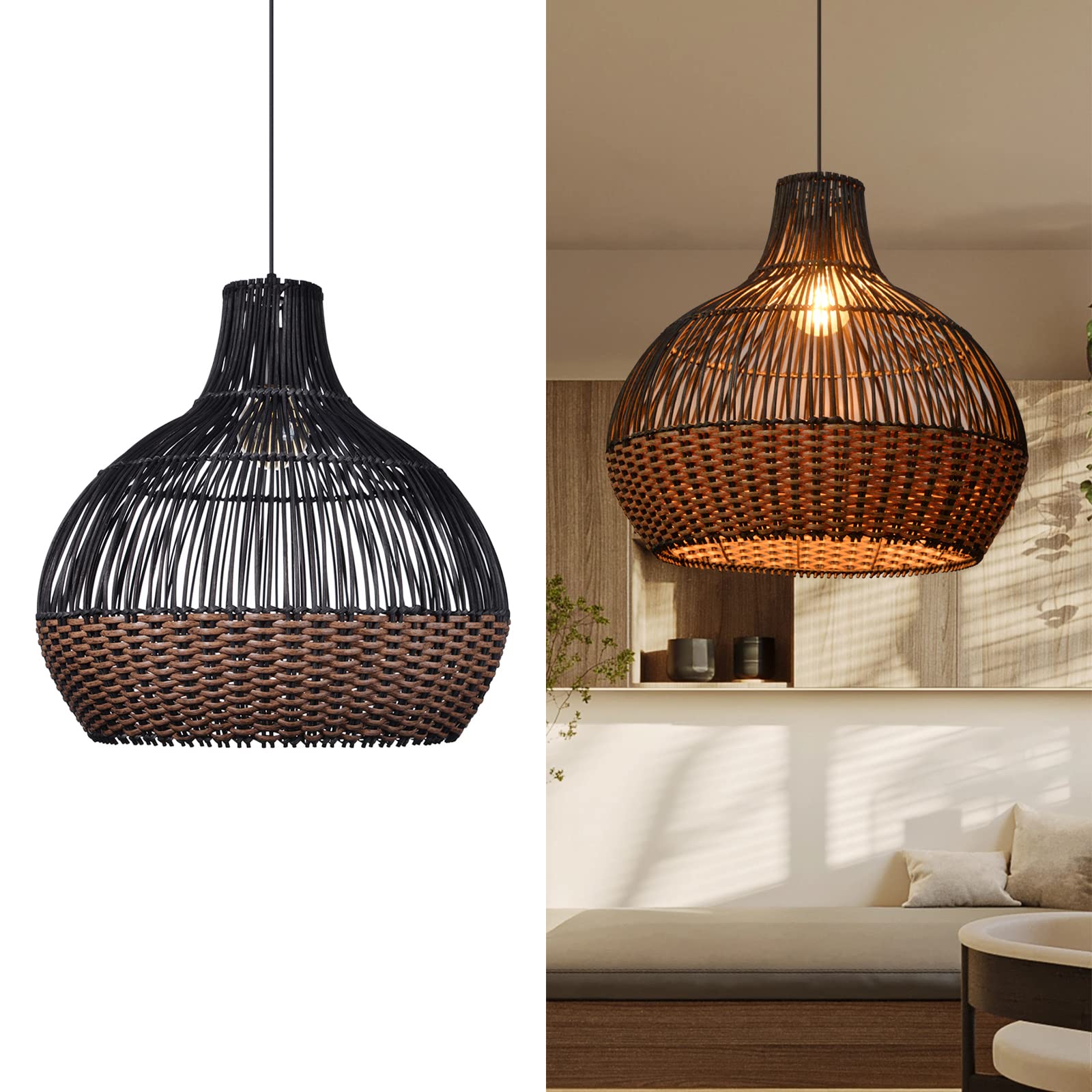 Arturesthome Black Rattan Pendant Lights, Wicker Chandelier Boho Basket Lighting Fixture, Large Natural Woven Hanging Lamp for K