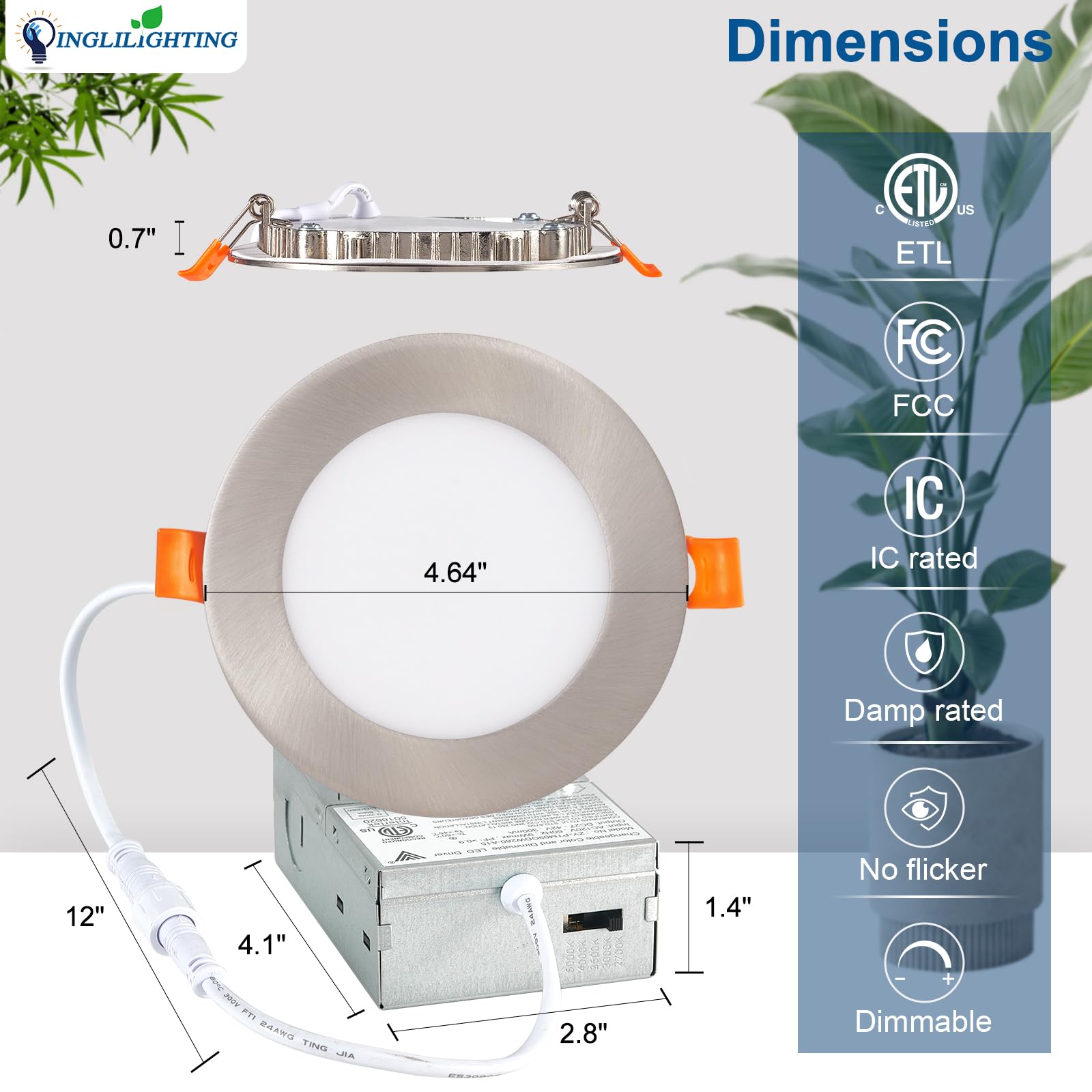 Dllt Led Recessed Ceiling Lights: 12 Pack 4 Inch 5Cct Ultra-Thin Lighting With Junction Box For Bedroom - 900Lm Brightness 9W Eqv 80W Dimmable Canless Wafer Downlight With Etl&Fcc-Nickel Brush