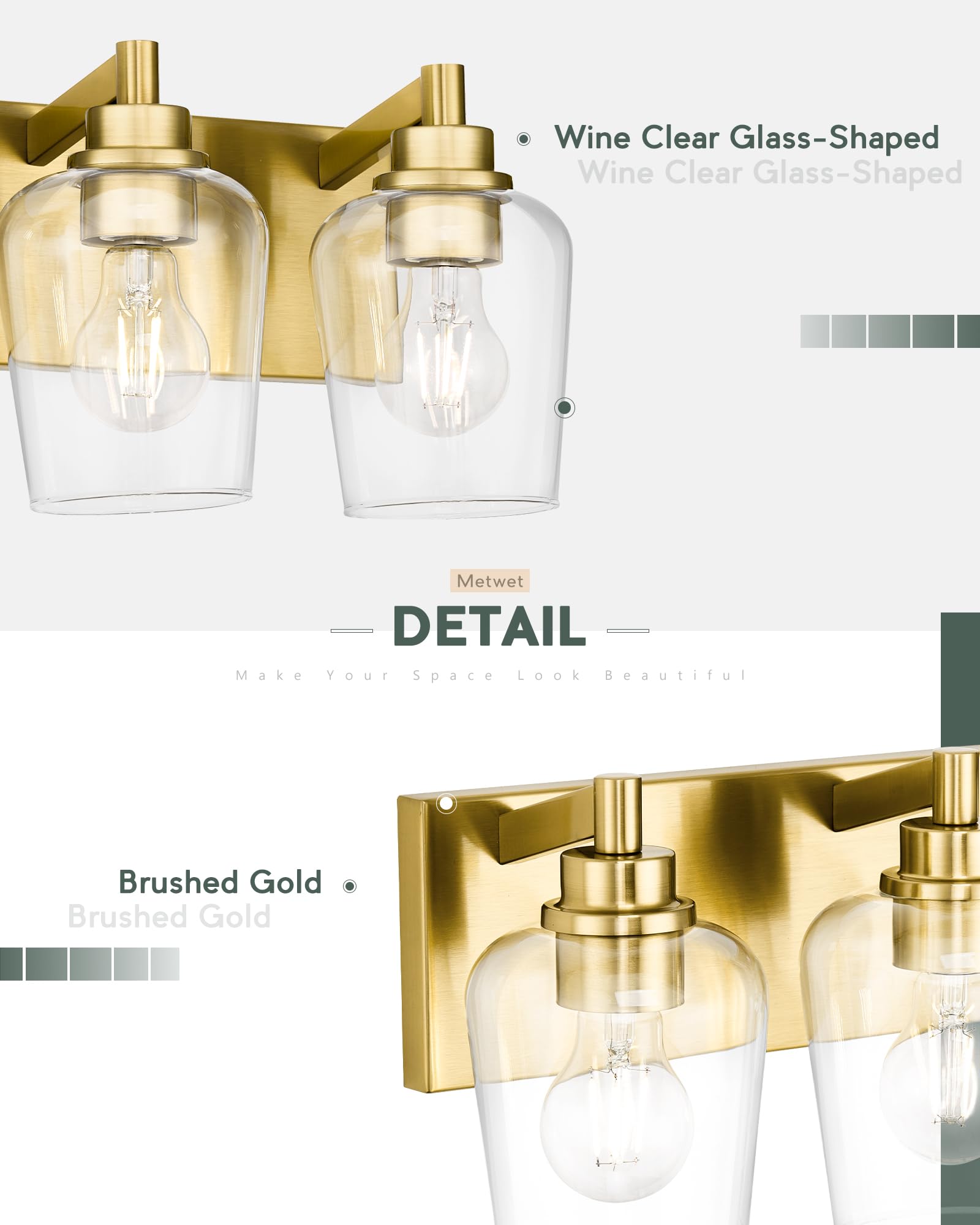 METWET 4-Light Bathroom Vanity Light Fixture, Modern Brushed Gold with Clear Wine Glass Shades, Model VL155-BG-4