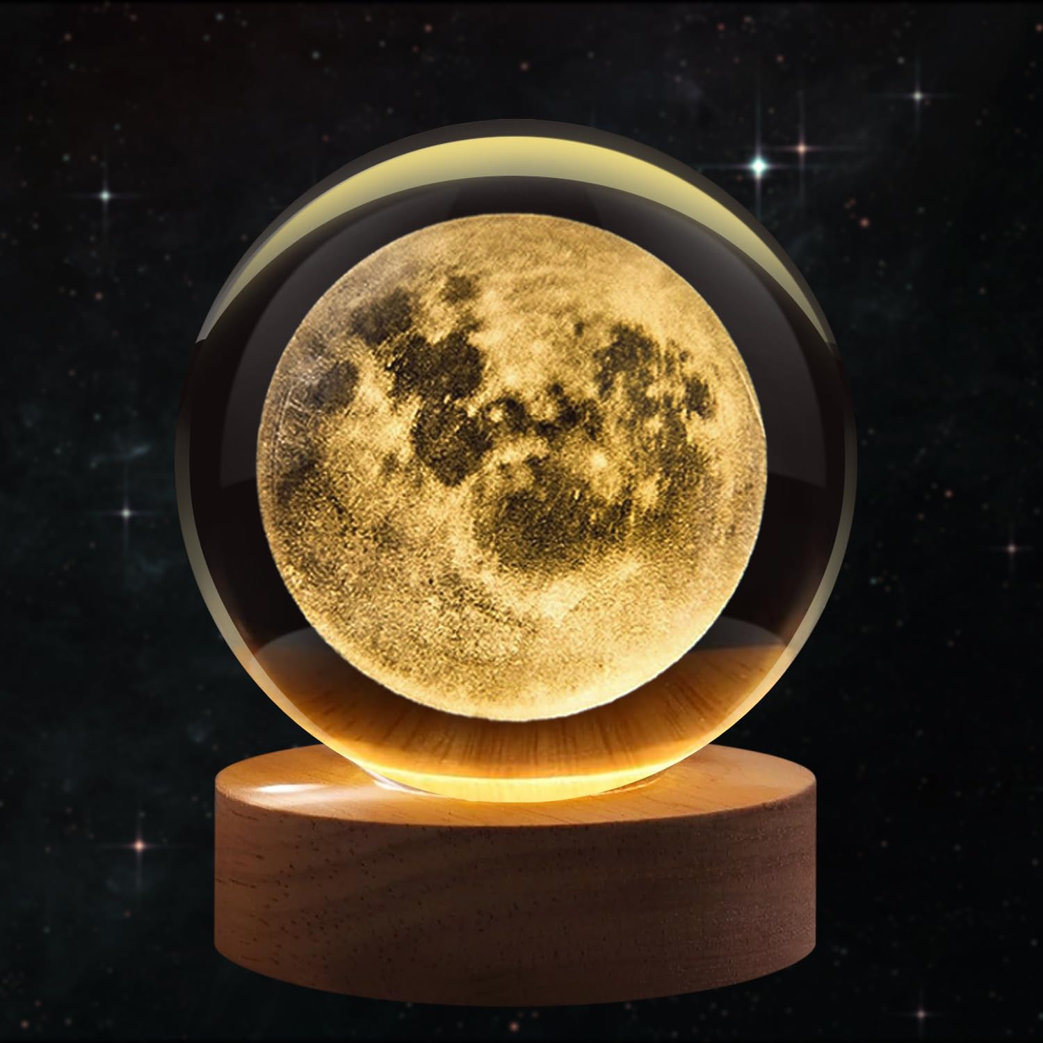 Flexzion 3D Moon Crystal Ball Night Light - LED Light Hologram Glass Lamp with Solid Wood Base, USB Powered Crystal Ball Lamp wi