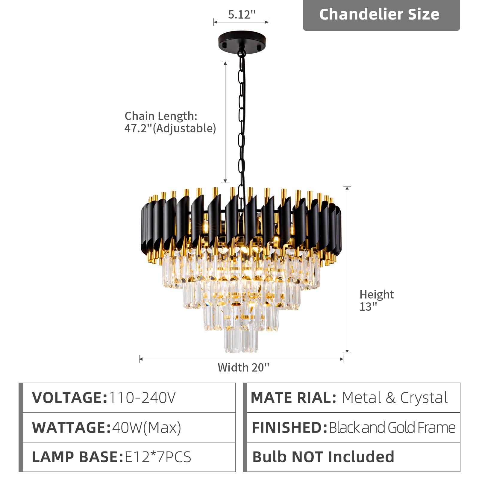 Aixialin Modern Chandelier - Gold And Black 4-Tier Crystal Round Hanging Pendant 7-Light Fixture For Dining, Bedroom, Living Roo