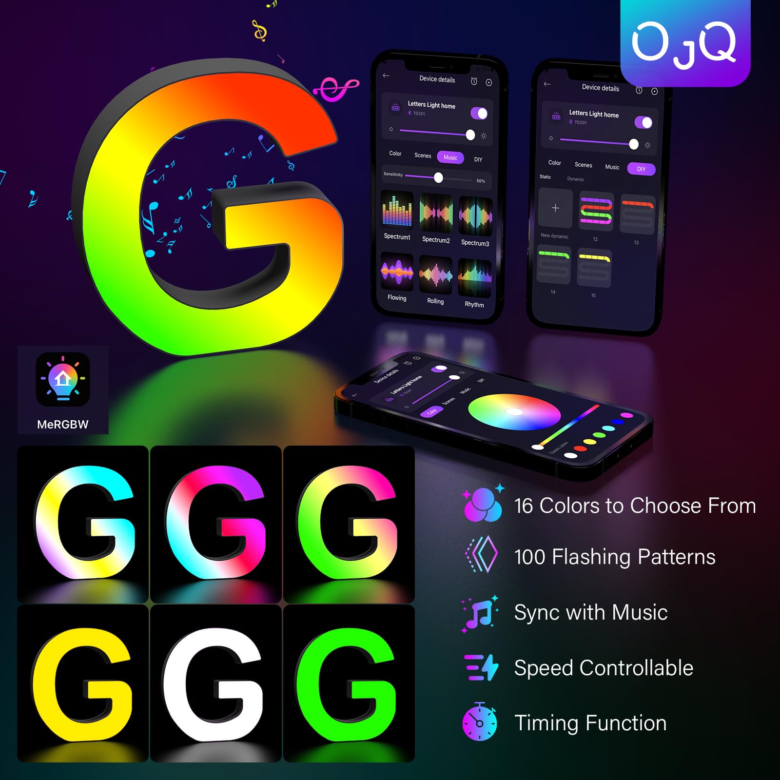 OJQ LED Light Up Letters - Colorful Alphabet Decor, Model A1, Plastic, G
