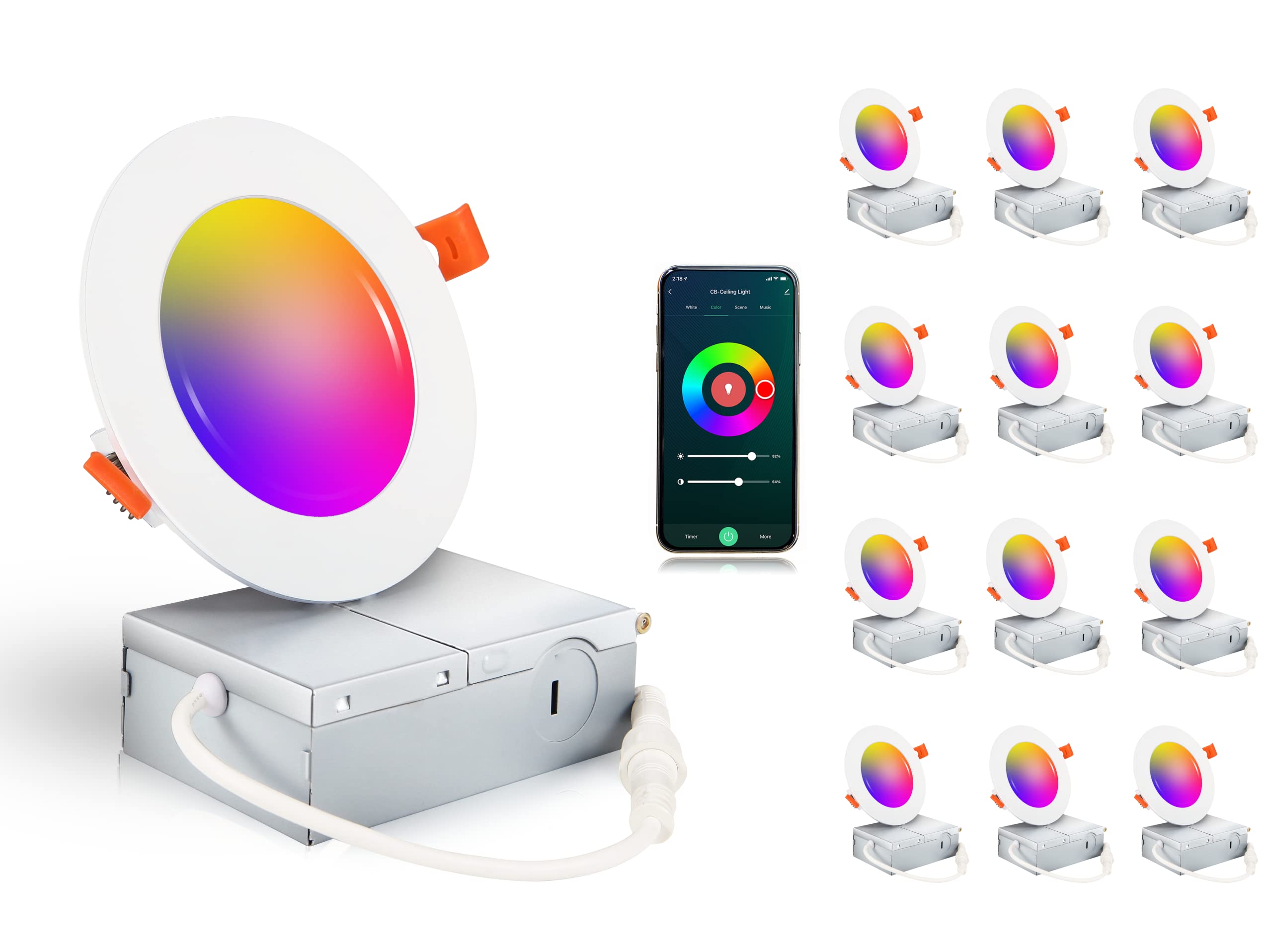 Cloudy Bay [12 Pack] 4Inch Smart Wifi Led Recessed Lighting,Rgbcw Color Changing, Compatible With Alexa And Google Home Assistant, No Hub Required,10W 650Lm, 2700K-6500K,Cri90+ Wet Location,12 Pack