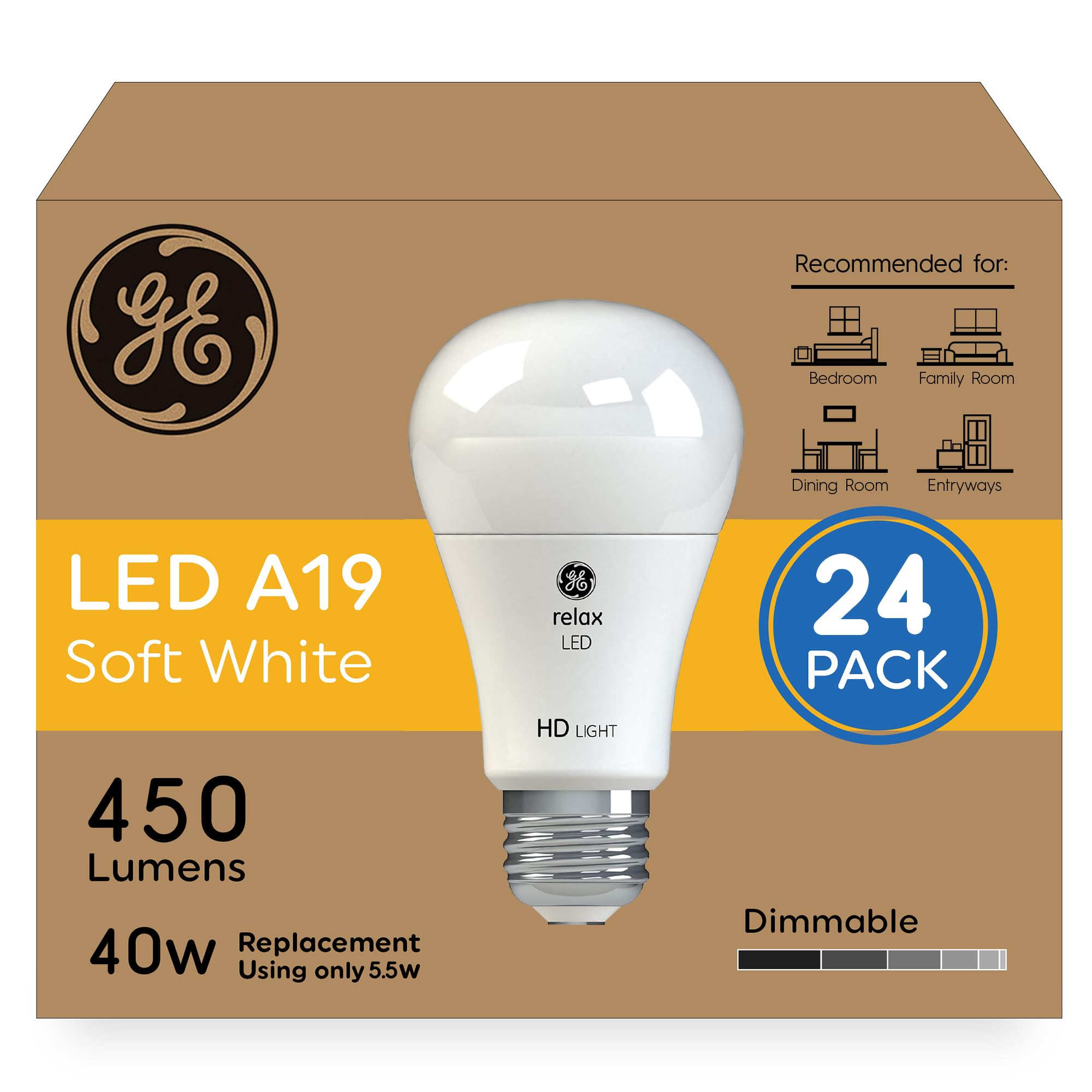 GE Relax HD LED Light Bulbs, Dimmable A19 Soft White, 40-Watt Equivalent, 24 Pack, Copper Material