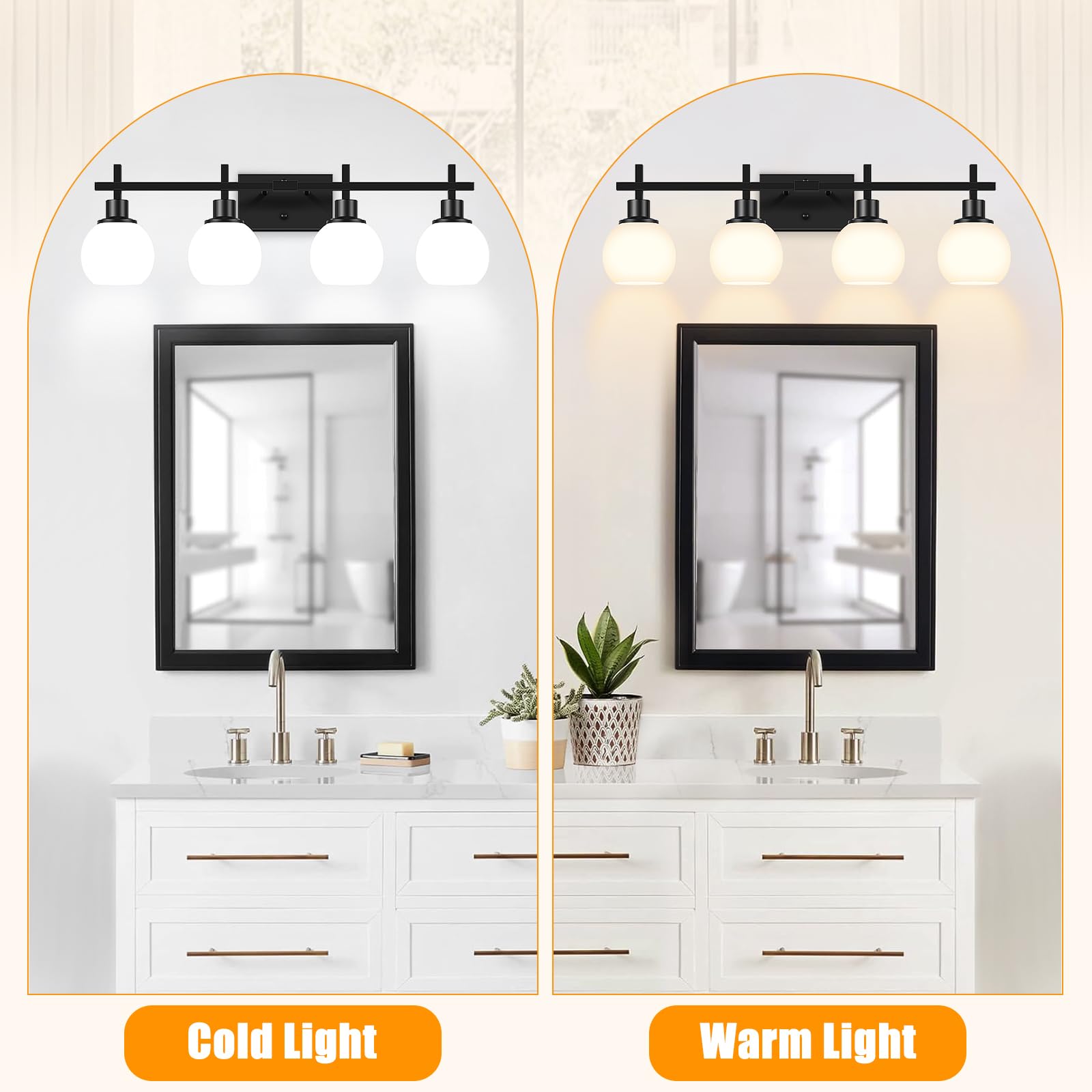 Dpyrrhic 4-Light Modern Vanity Light Fixture, Black Metal Bathroom Lighting with Milky White Glass Lampshade, Model JD-16
