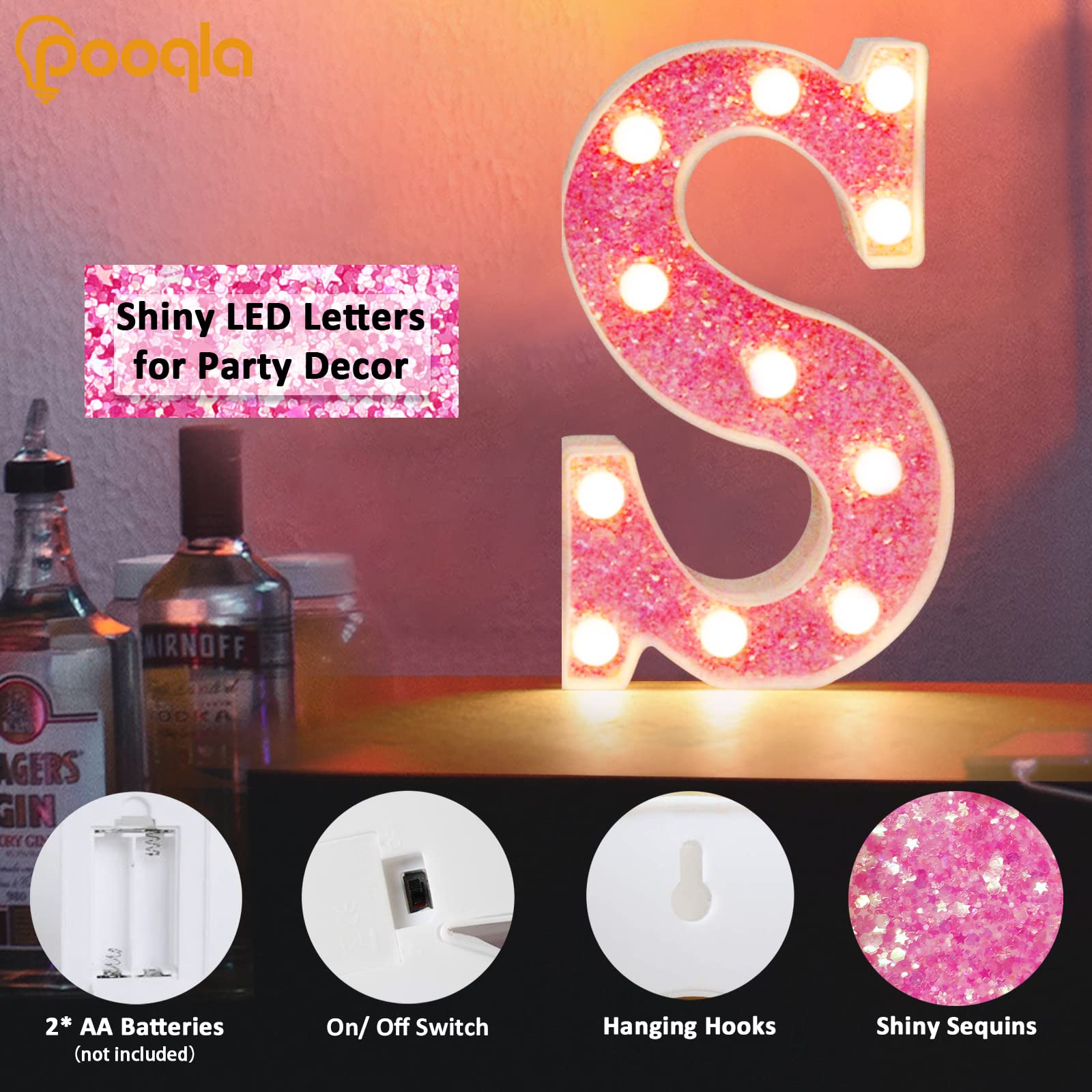 Pooqla LED Marquee Letter Light, Pink Glitter Alphabet Sign, Battery Powered Night Light for Parties & Decor, Sequin Pink Letter A