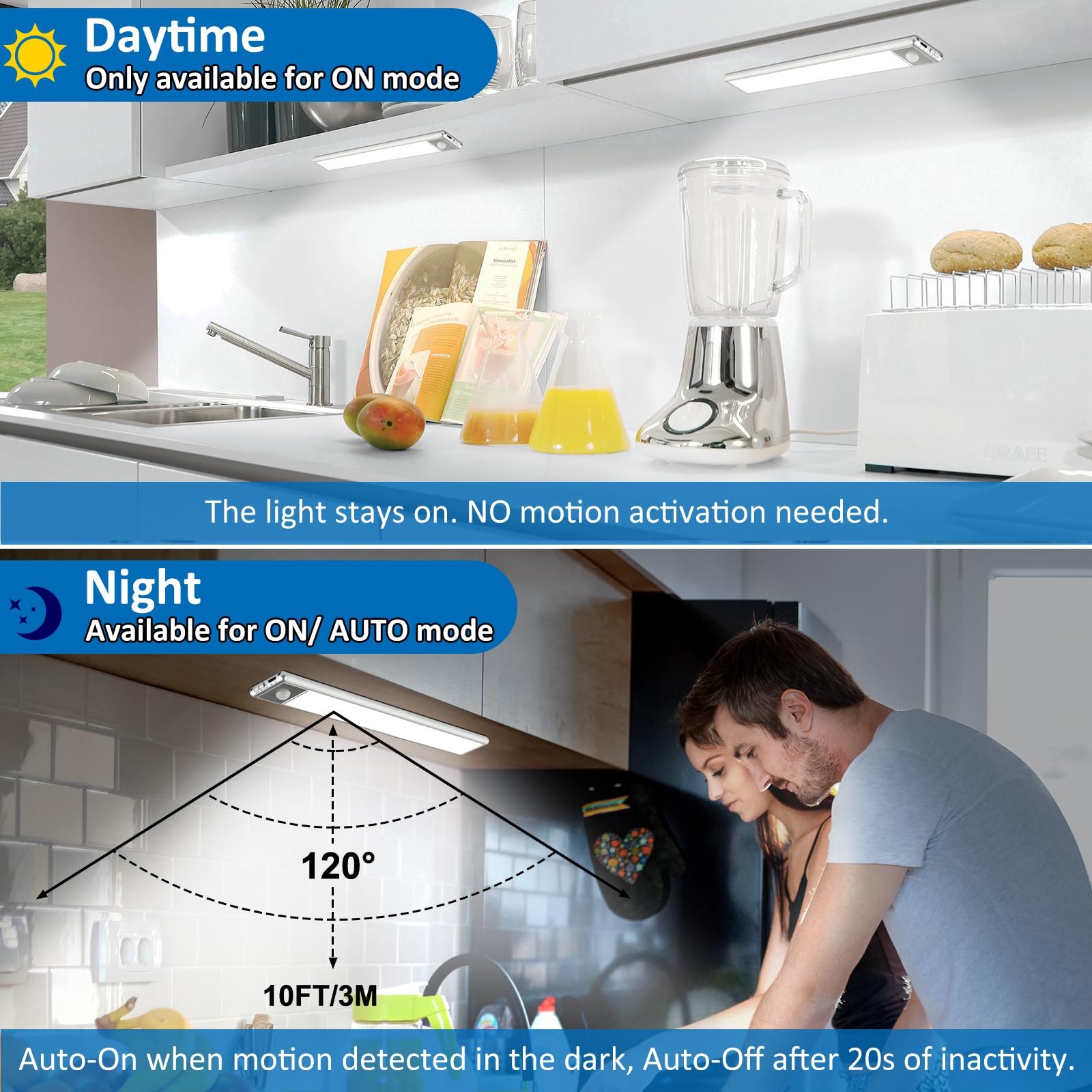 Ylxs 51-Led Motion Sensor Under Cabinet Lights, Magnetic Rechargeable, Wireless, Cool White, 2-Pack