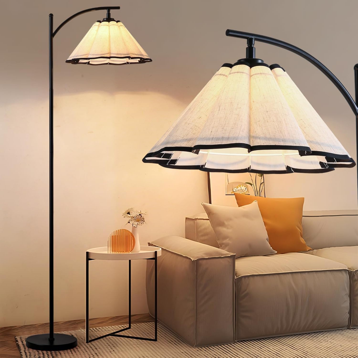 Omlaamy Floor Lamp with Pleated Linen Lampshade, Modern Flower Floor Lamp for Living Room Arc Standing Lamp, Gold Tall Lamp for 