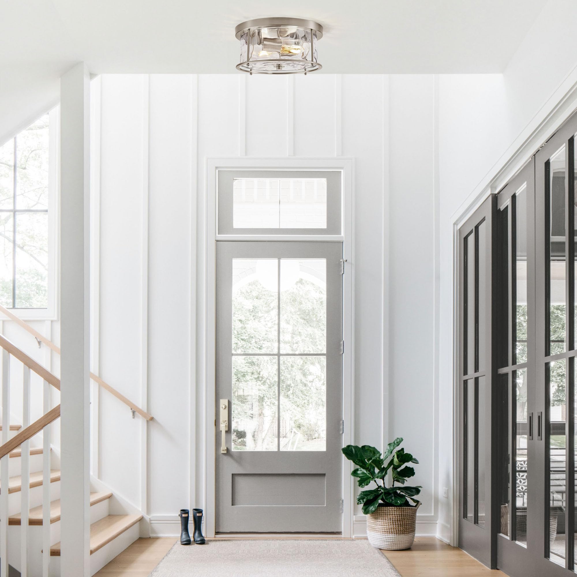 LamQee Flush Mount Ceiling Light, 2-Lights, Hammered Glass, Brushed Nickel, Model 06FTL0284ANK, Industrial Farmhouse Style