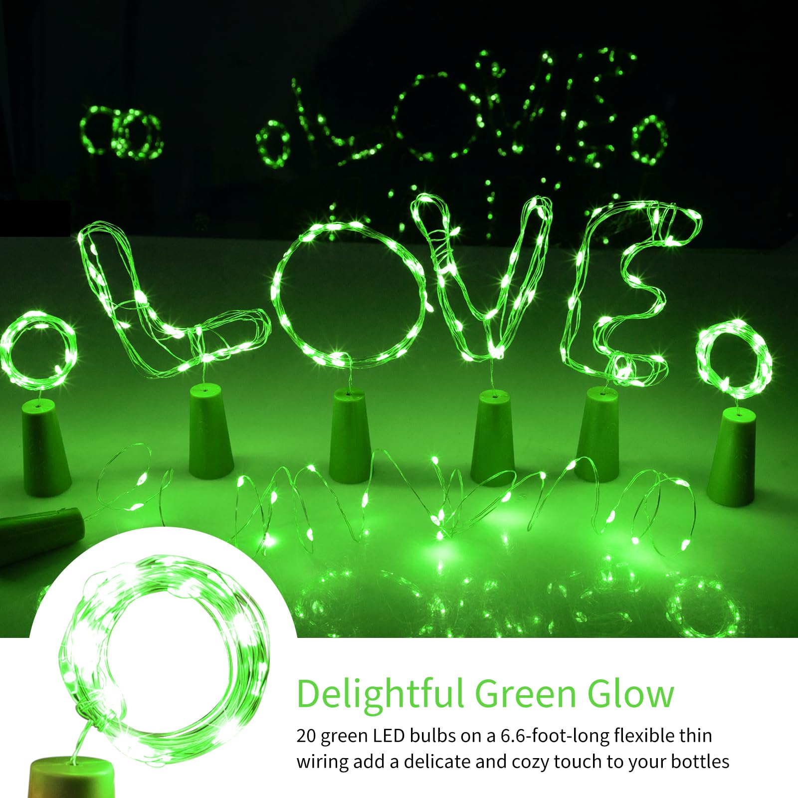 Brightown Wine Bottle Lights With Cork - 10 Pack 7Ft 20 Led Battery Operated Cork Lights, Waterproof Silver Wire Mini Fairy Lights For Liquor Bottles Diy Party Holiday Wedding Décor, Green