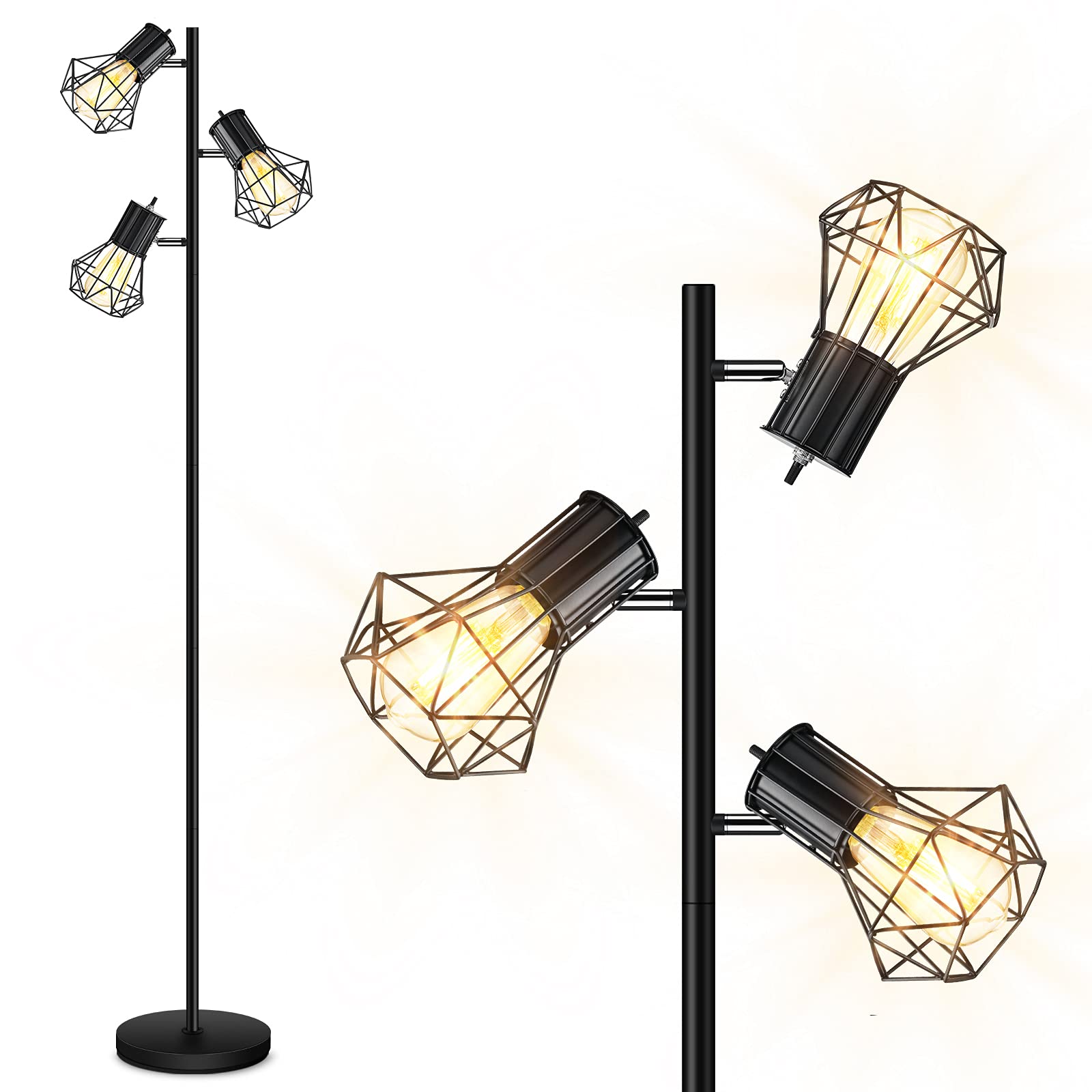 Industrial Floor Lamp, Standing Lamp, Farmhouse Tree Floor Lamp With 3Pcs 6W Edison Bulbs, Free Adjustable Cage Heads, Independe