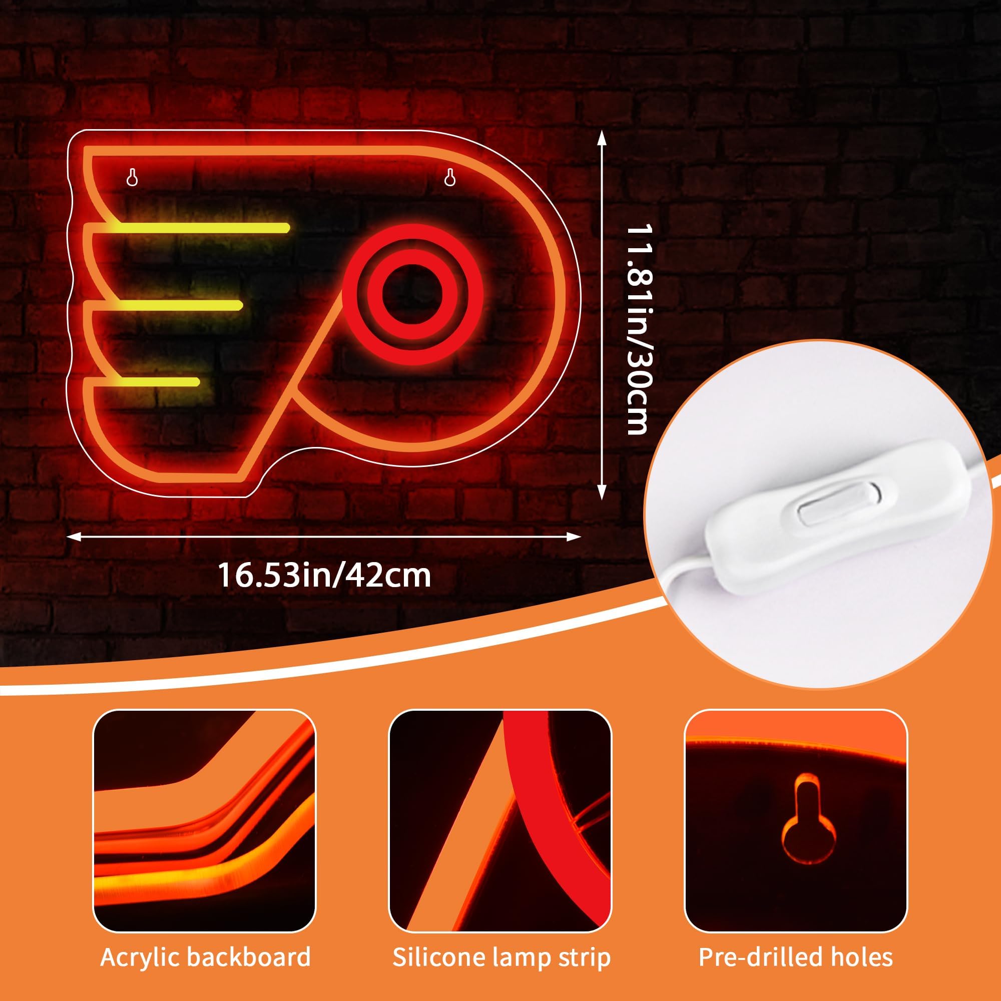 FTMGGDG Ice Hockey Neon Sign, Flyers LED Light, Acrylic, 16.5x11.8 inches, Model FMXD600, Flyers Team Decor