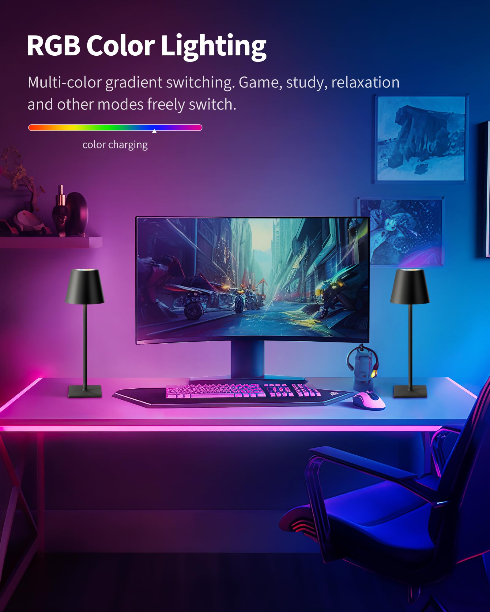 Kdg 2 Pack Cordless Table Lamp, Rgb Color Stepless Dimming Up, Wireless 4000Mah Battery Operated Portable Led Desk Lamp, For Din