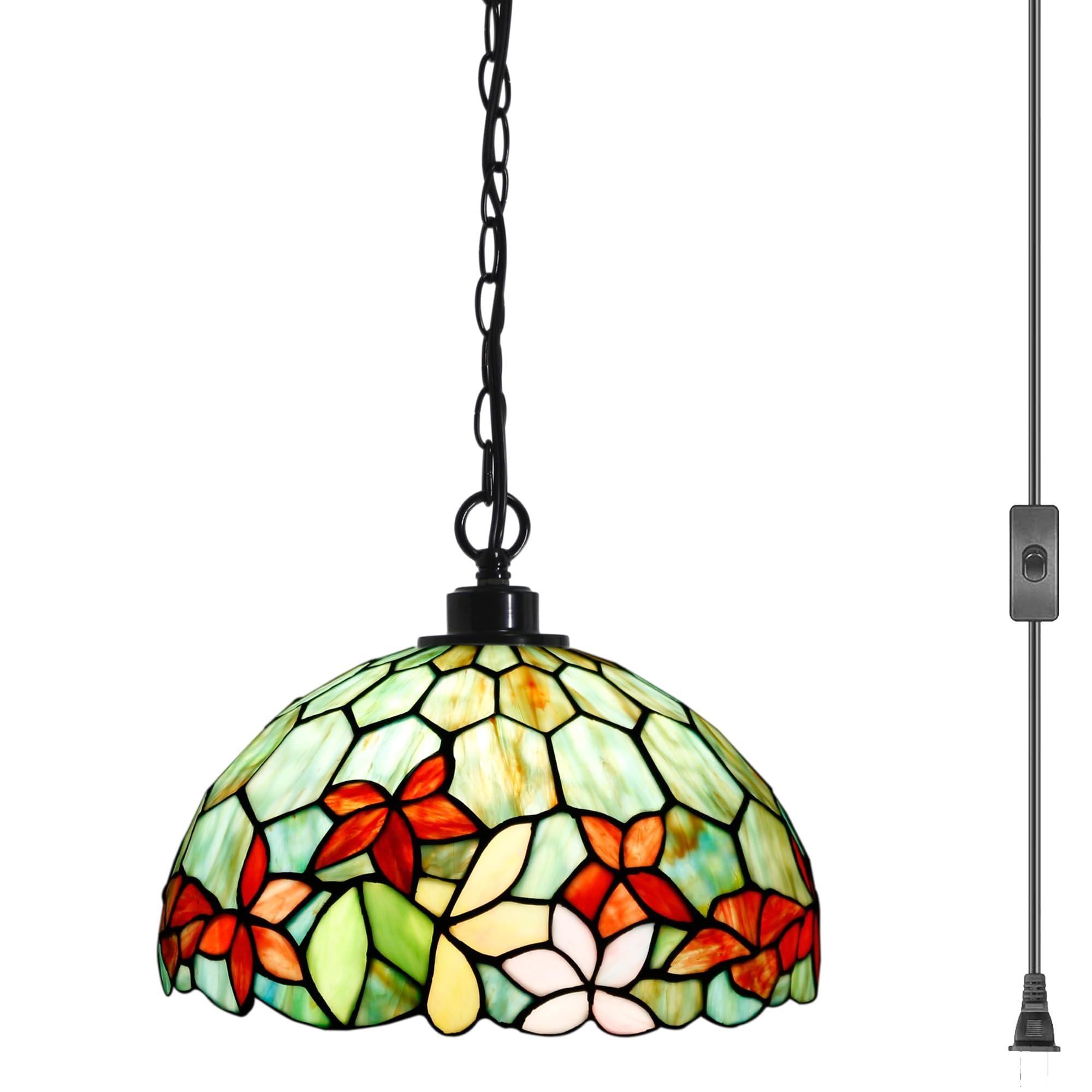 ZJART Tiffany Pendant Light Plug in Stained Glass Swag Lamp 12X12X181 Inch Hanging Lamp (Red Green Flowers for Dining Room Living Room