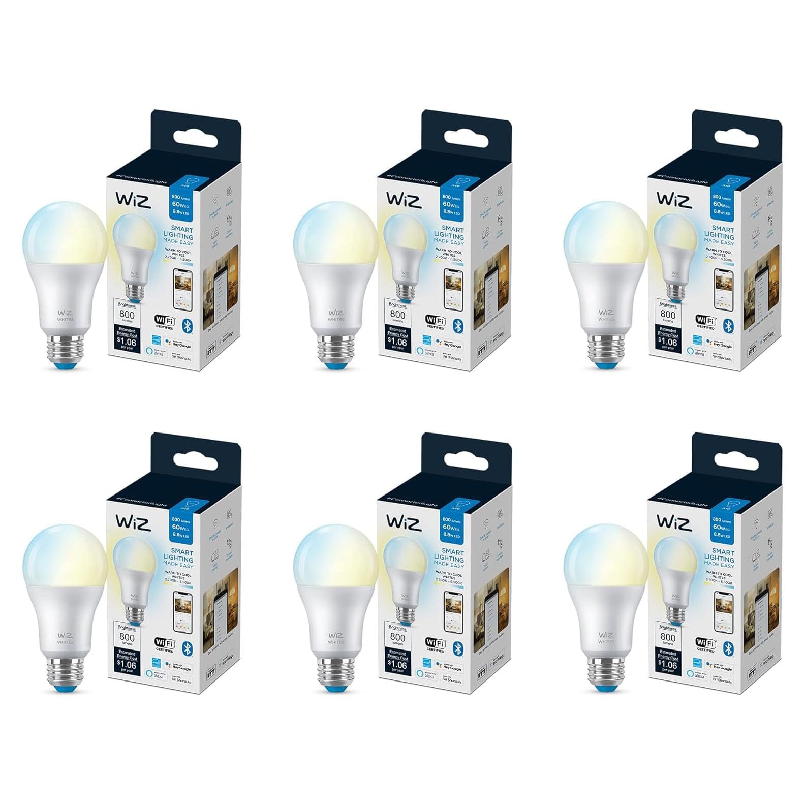 Wiz 60W A19 Tunable White Led Smart Bulb - Pack Of 6 - E26- Indoor - Connects To Your Existing Wi-Fi - Control With Voice Or App