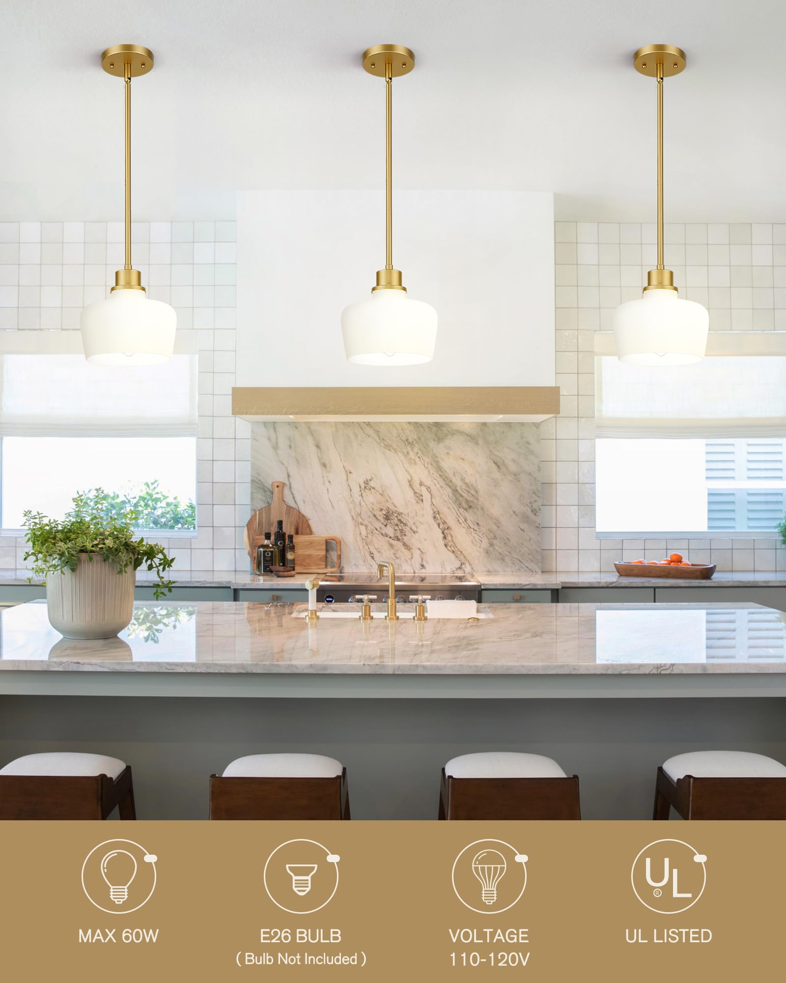 Emak Pendant Light - 8 Inch Brushed Nickel with Milk Glass Shade, Modern Hanging Light for Kitchen Island, Dining Room, PL122-BN-ML