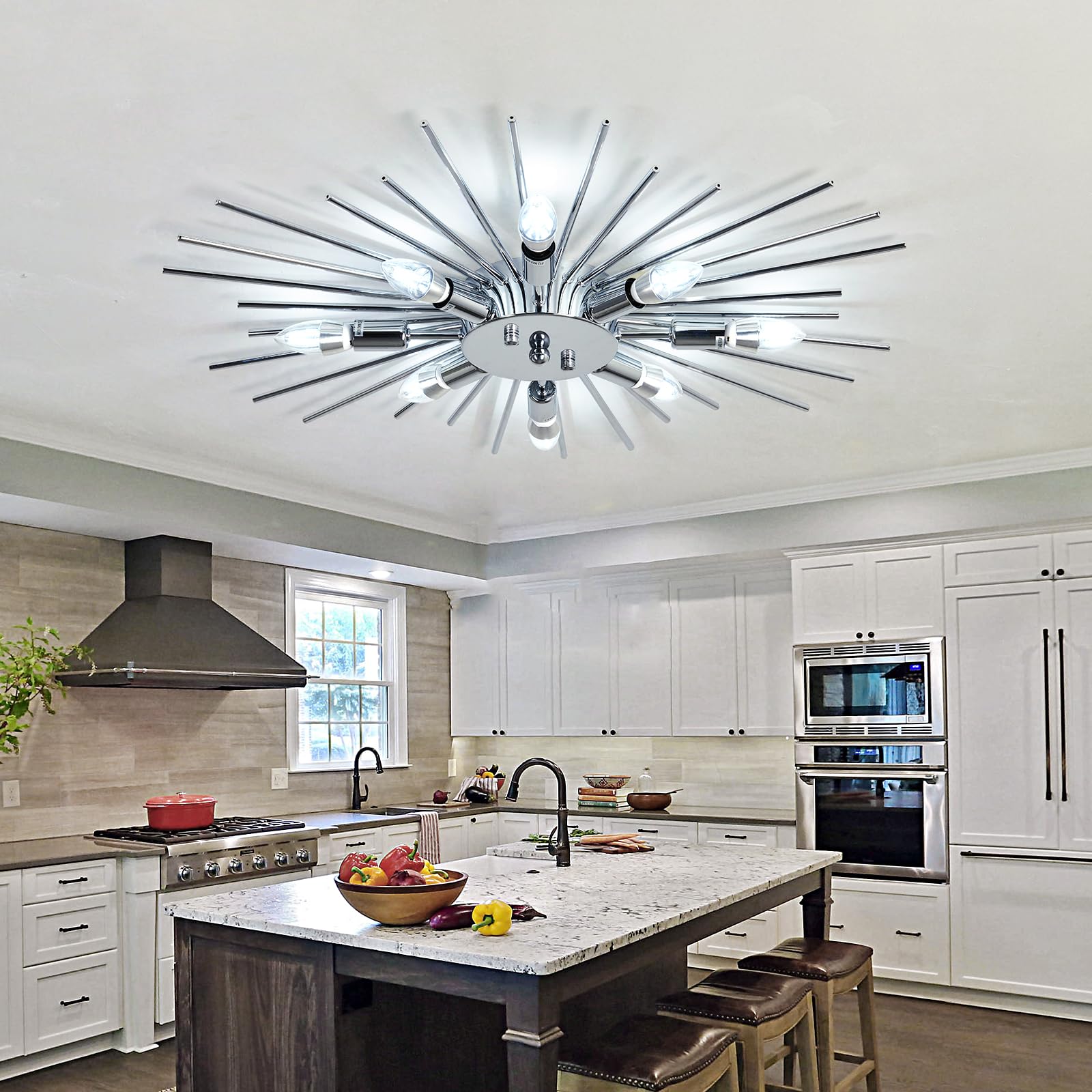 ZGLAOJT Semi Flush Mount Chandelier, 8 Light Modern Metal Ceiling Fixture, Chrome, F-1289, for Kitchen, Dining Room, Living Room