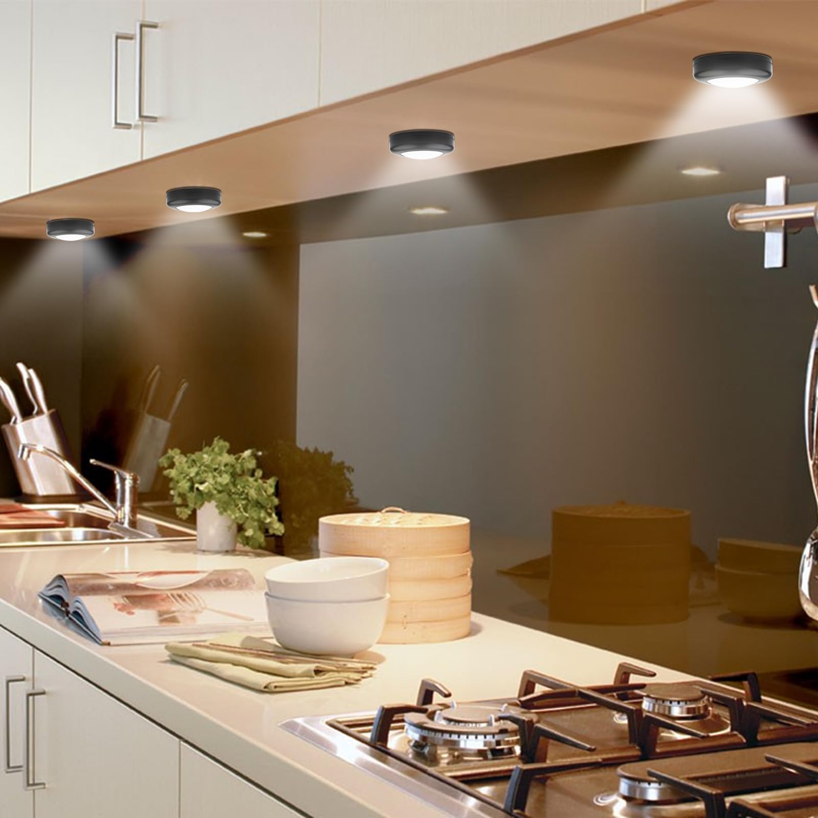 Aokpsrt Puck Lights With Remote Control, 16 Color Changeable Under Cabinet Lights, Battery Operated Wireless Led Lights With Dim