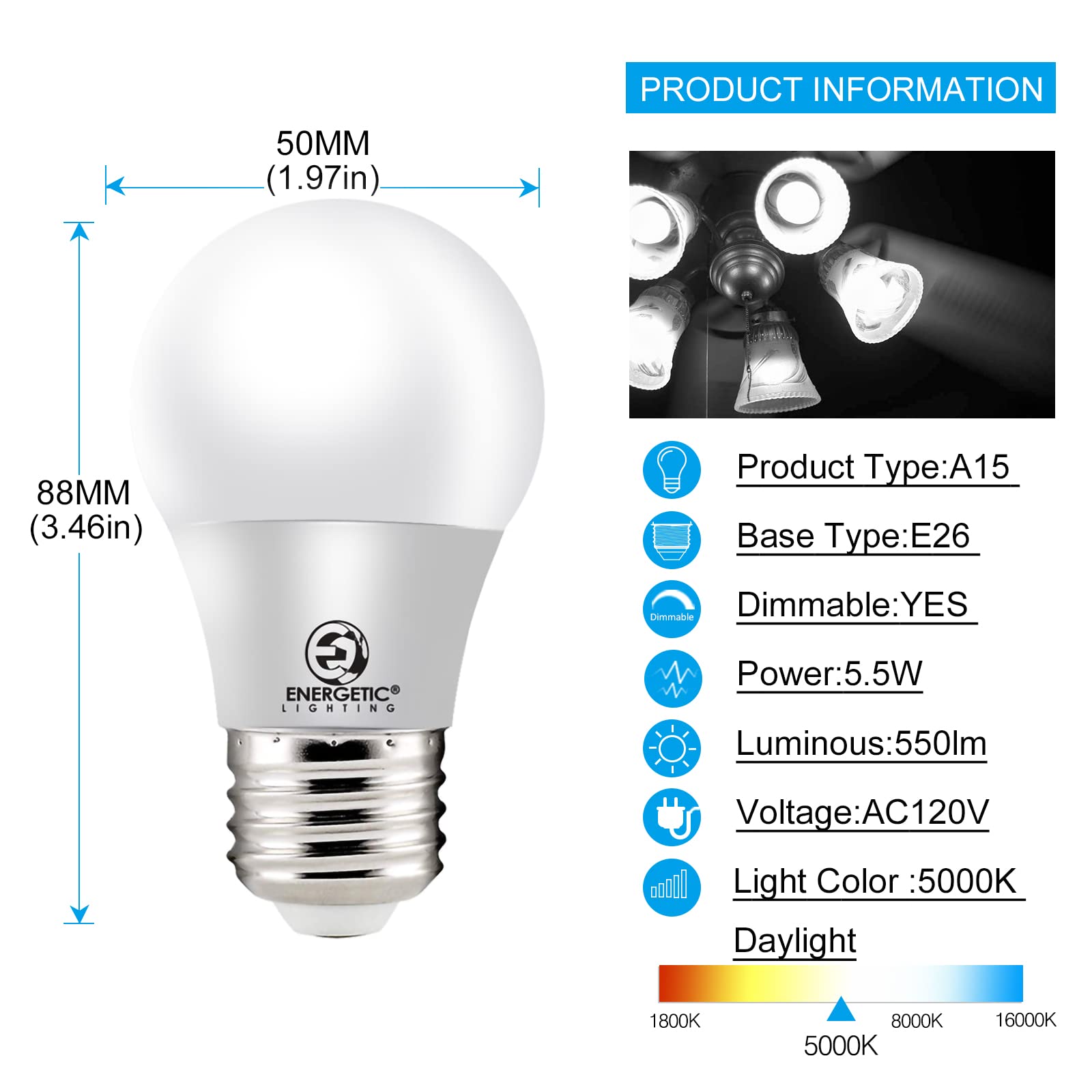 Energetic A15 Refrigerator Bulbs 40 Watts Equivalent (5.5W), Led Appliance Dimmable Light Bulbs, Daylight 5000K, E26 Base, Ul Li
