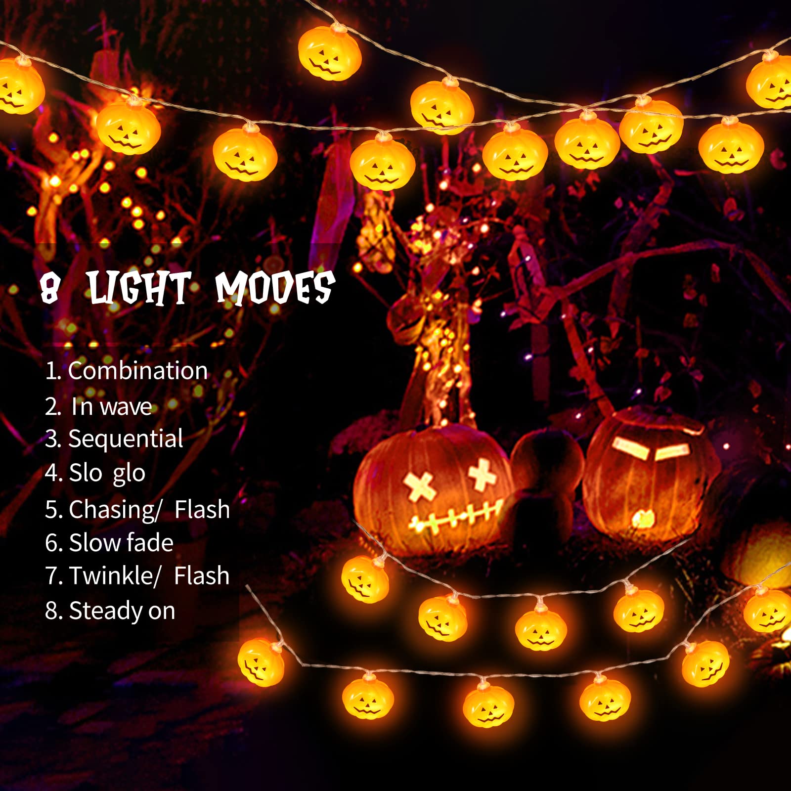 Suddus 20 Led Halloween Lights Battery Operated, 9.8 Ft Pumpkin String Lights With 8 Modes, Orange Lights For Halloween Decorations Indoor, Outdoor