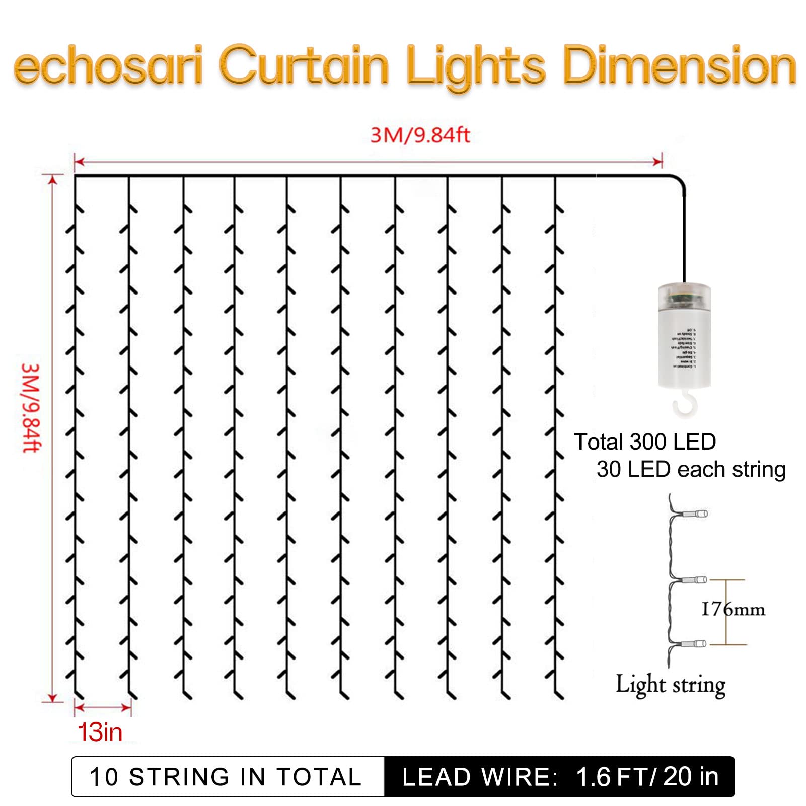 Echosari 300 Led Curtain Lights, 9.8Ft×9.8Ft, Battery Operated, Warm White, Remote Timer For Bedroom, Patio, Wedding Decor
