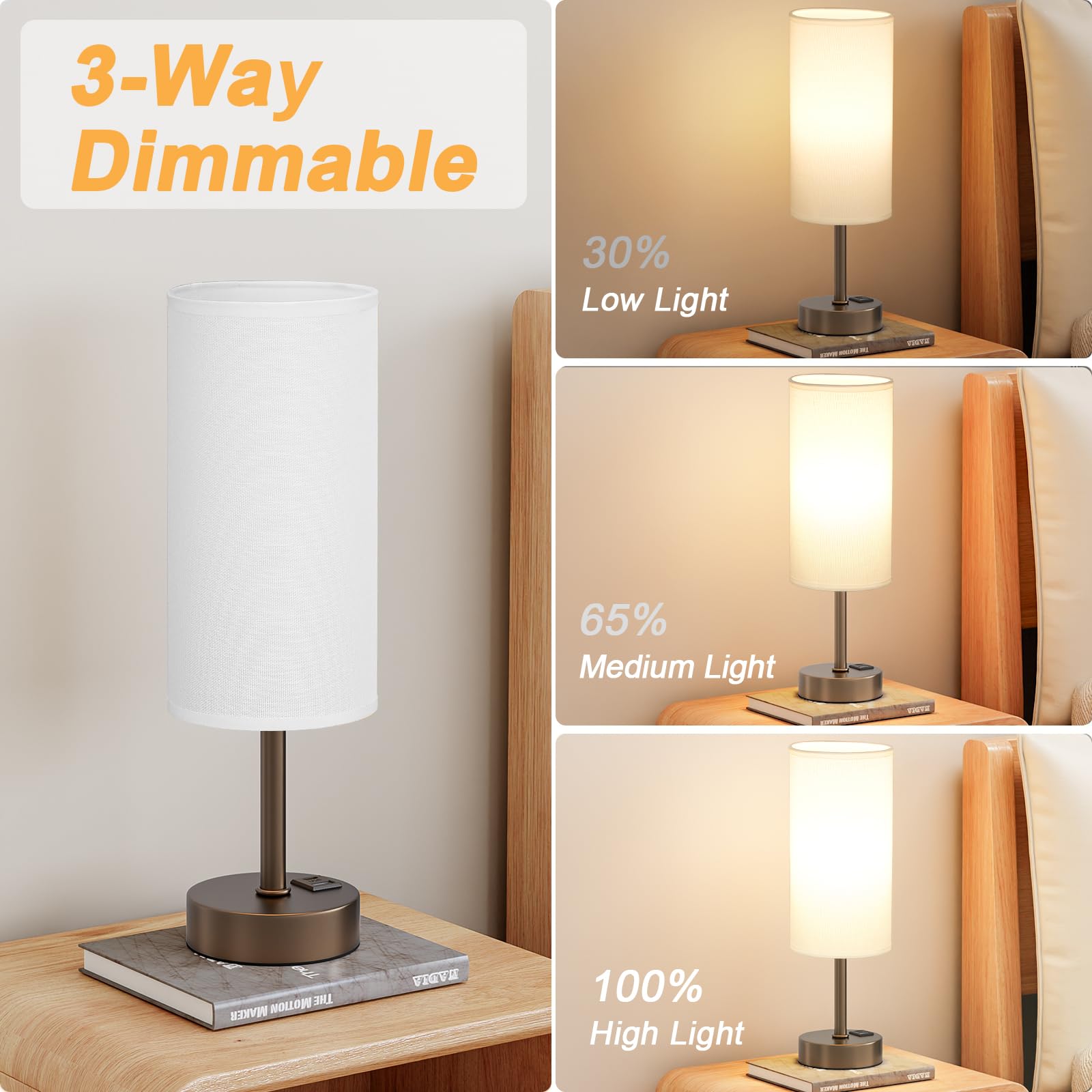 Bedside Touch Table Lamps For Bedroom Nightstand With Usb-C Usb-A Charging Ports, White & Brown 3 Way Dimmable Small Desk Lamp F